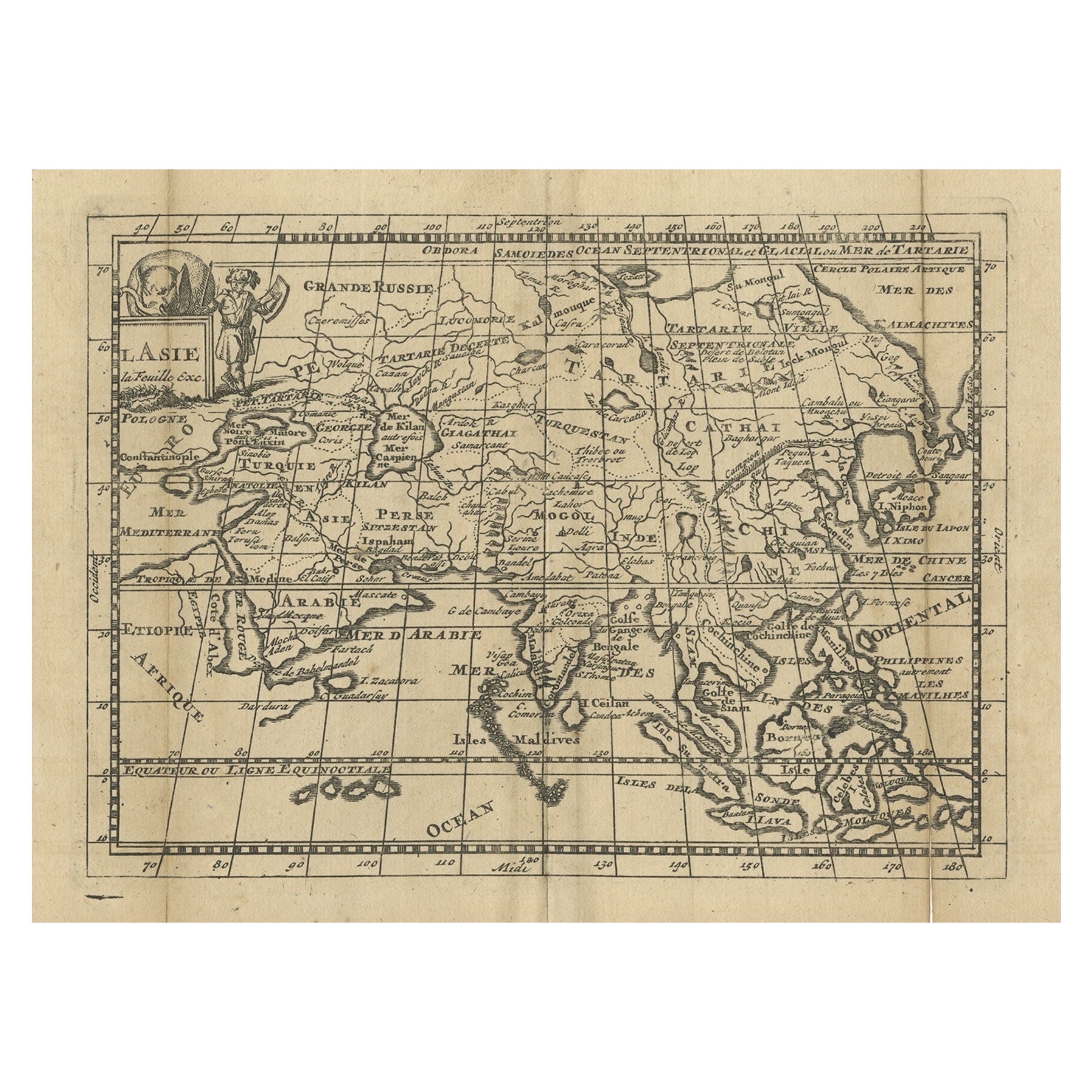 Carta geografica antica dell'Asia con linee costiere sfalsate e isole distorte, 1760 ca.