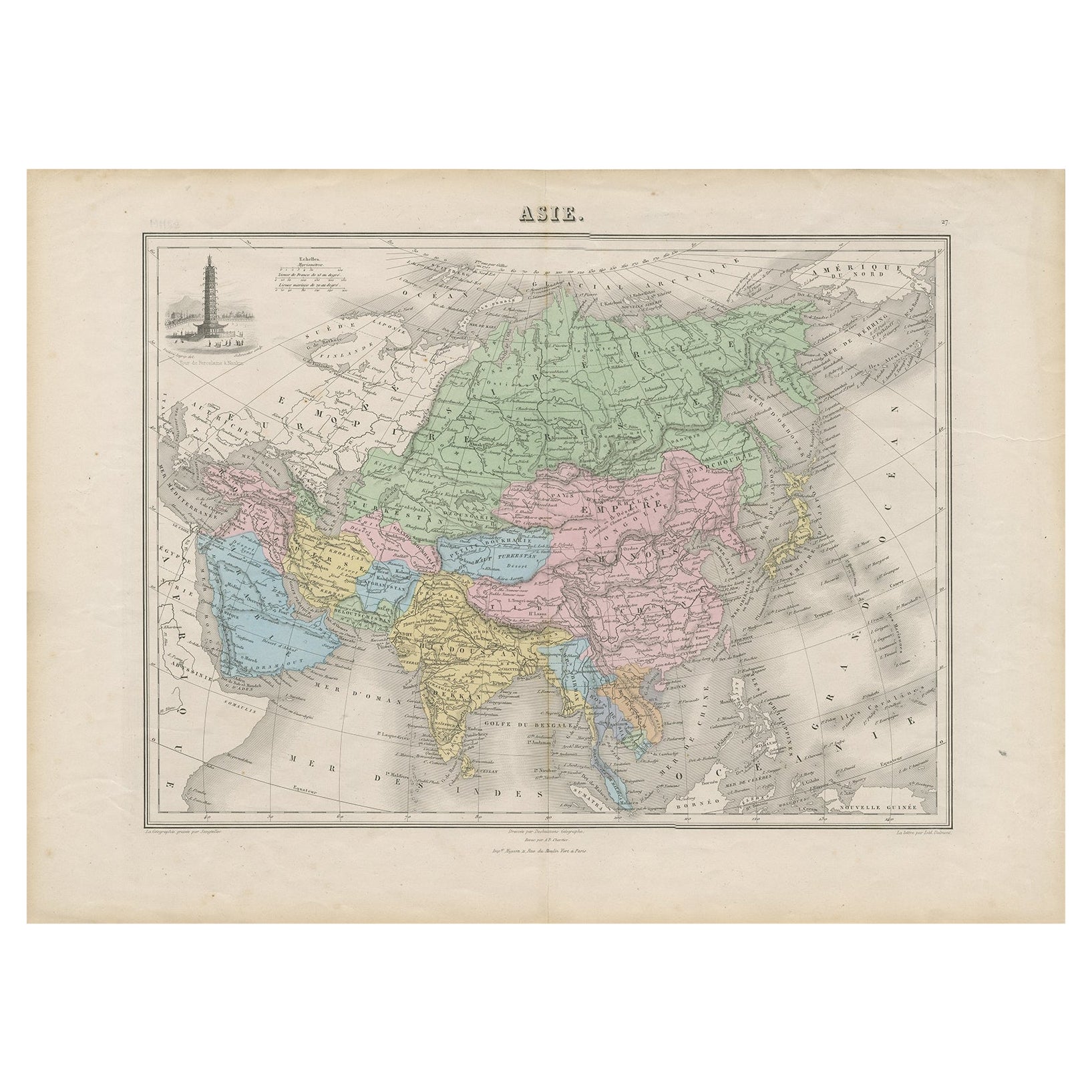 Mapa antiguo de Asia con la Torre de Porcelana de Nanjing, China, 1884 en venta