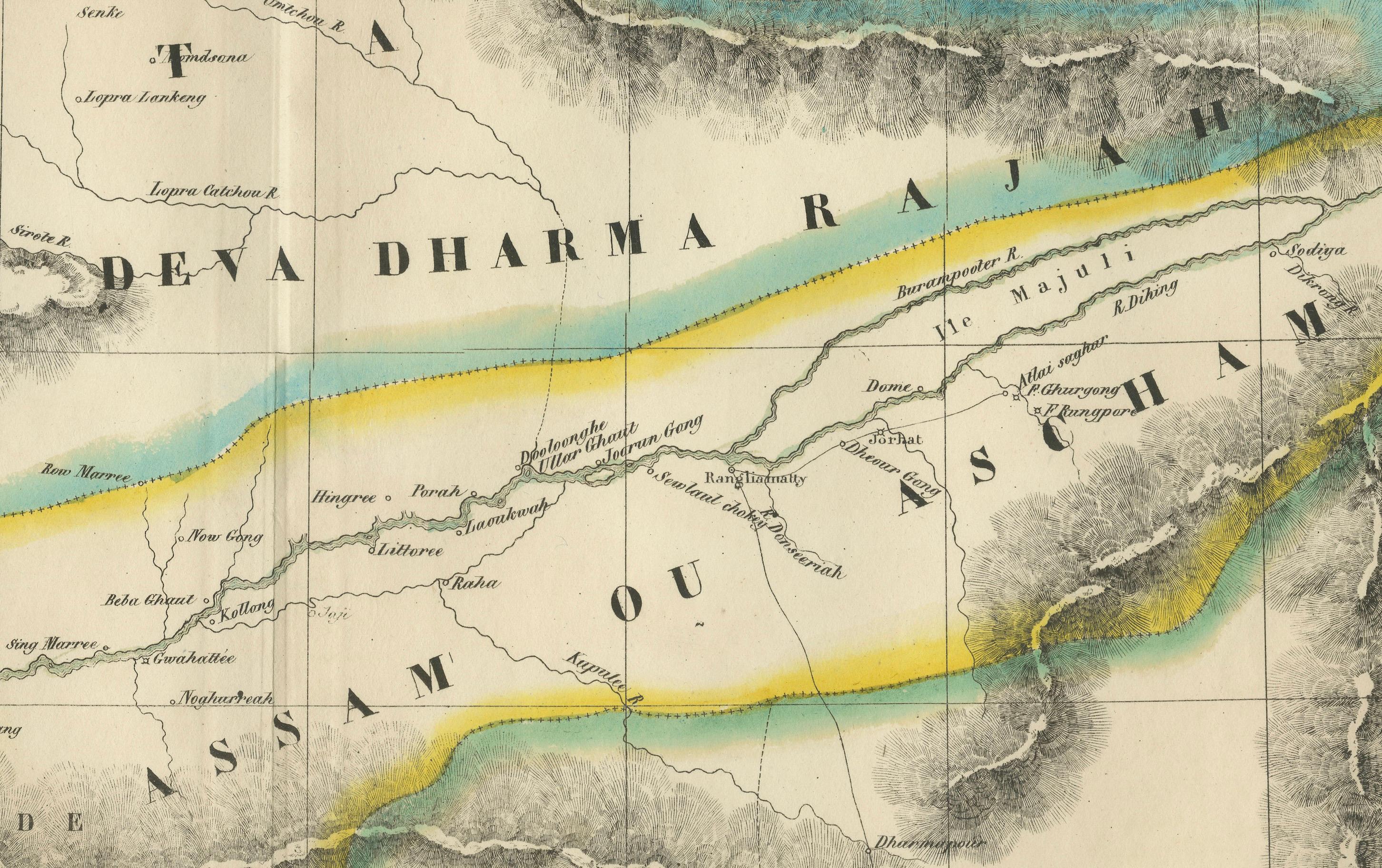 Mapa antiguo de Assam y Bután - Litografía coloreada a mano de Vandermaelen, 1827 Grabado en venta