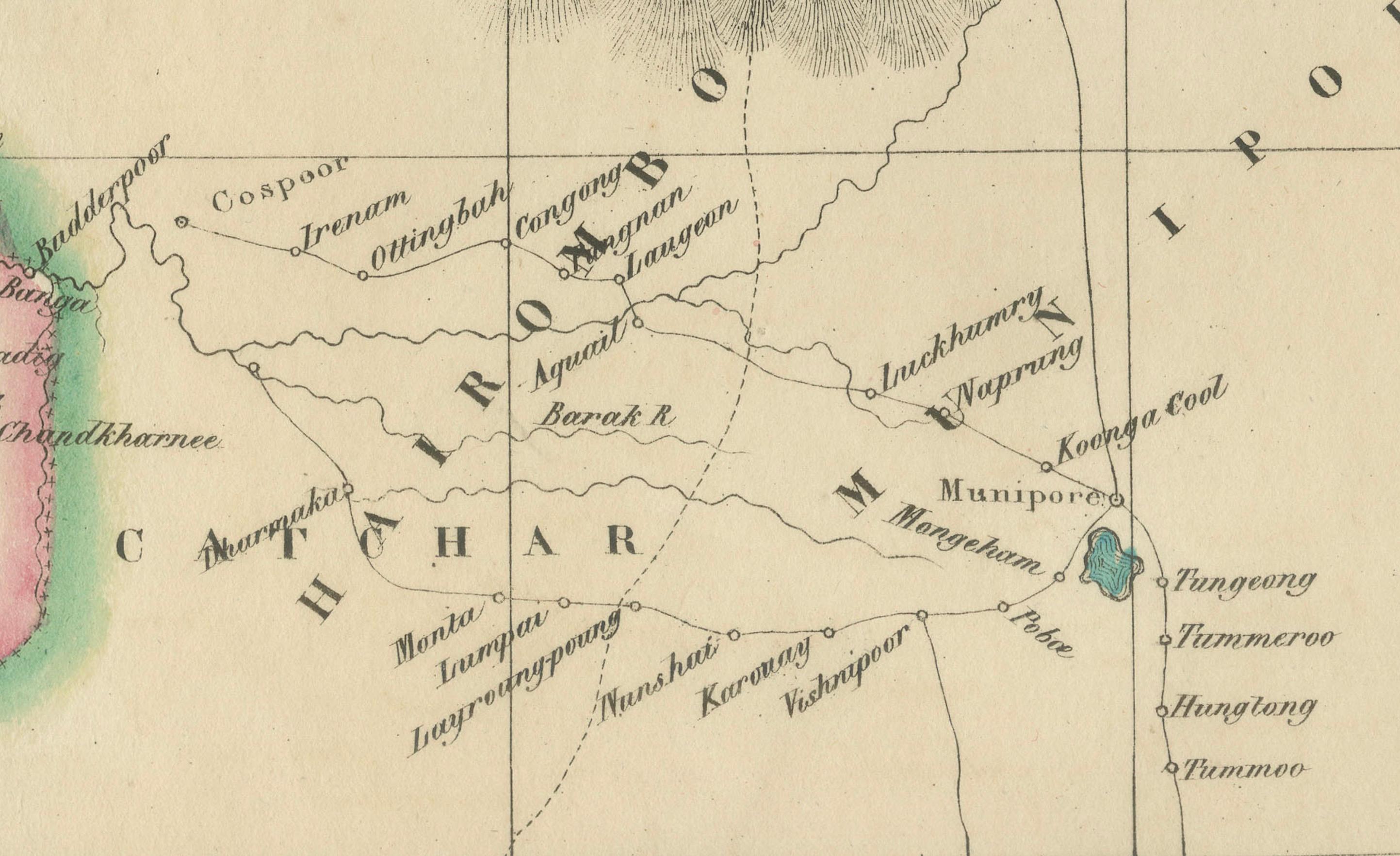 Mapa antiguo de Assam y Bután - Litografía coloreada a mano de Vandermaelen, 1827 en Bueno estado para la venta en Langweer, NL