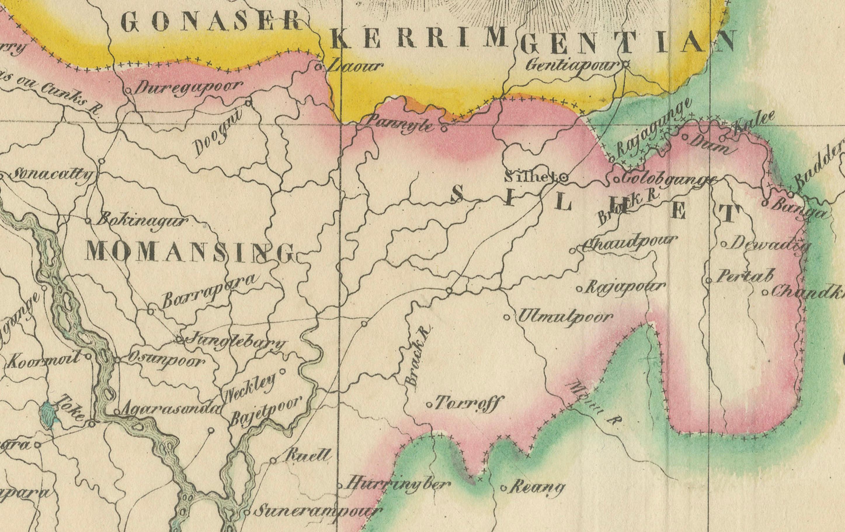 Mapa antiguo de Assam y Bután - Litografía coloreada a mano de Vandermaelen, 1827 siglo XIX en venta