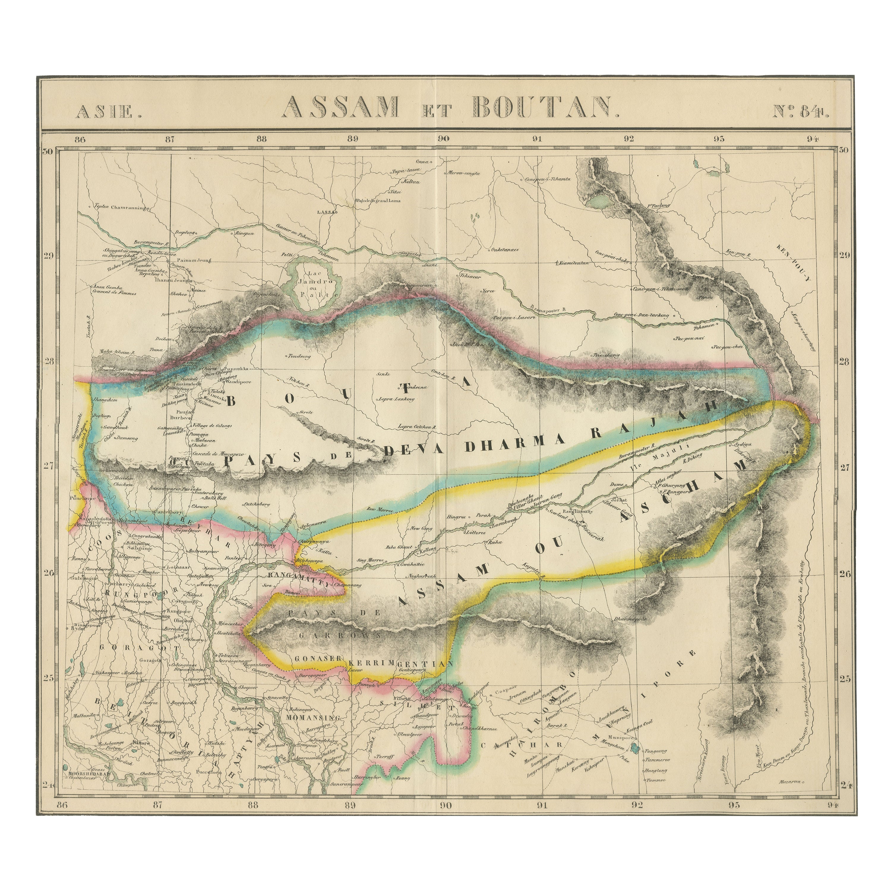 Mapa antiguo de Assam y Bután - Litografía coloreada a mano de Vandermaelen, 1827 en venta