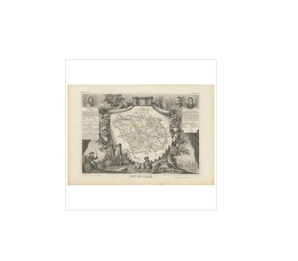 Antique map titled 'Dépt. de l'Aube'. Map of the French department of Aube, France. This area of France is known for its production of Chaource, a soft and salted cheese. Aube is part of France's Champagne region. The whole is surrounded by