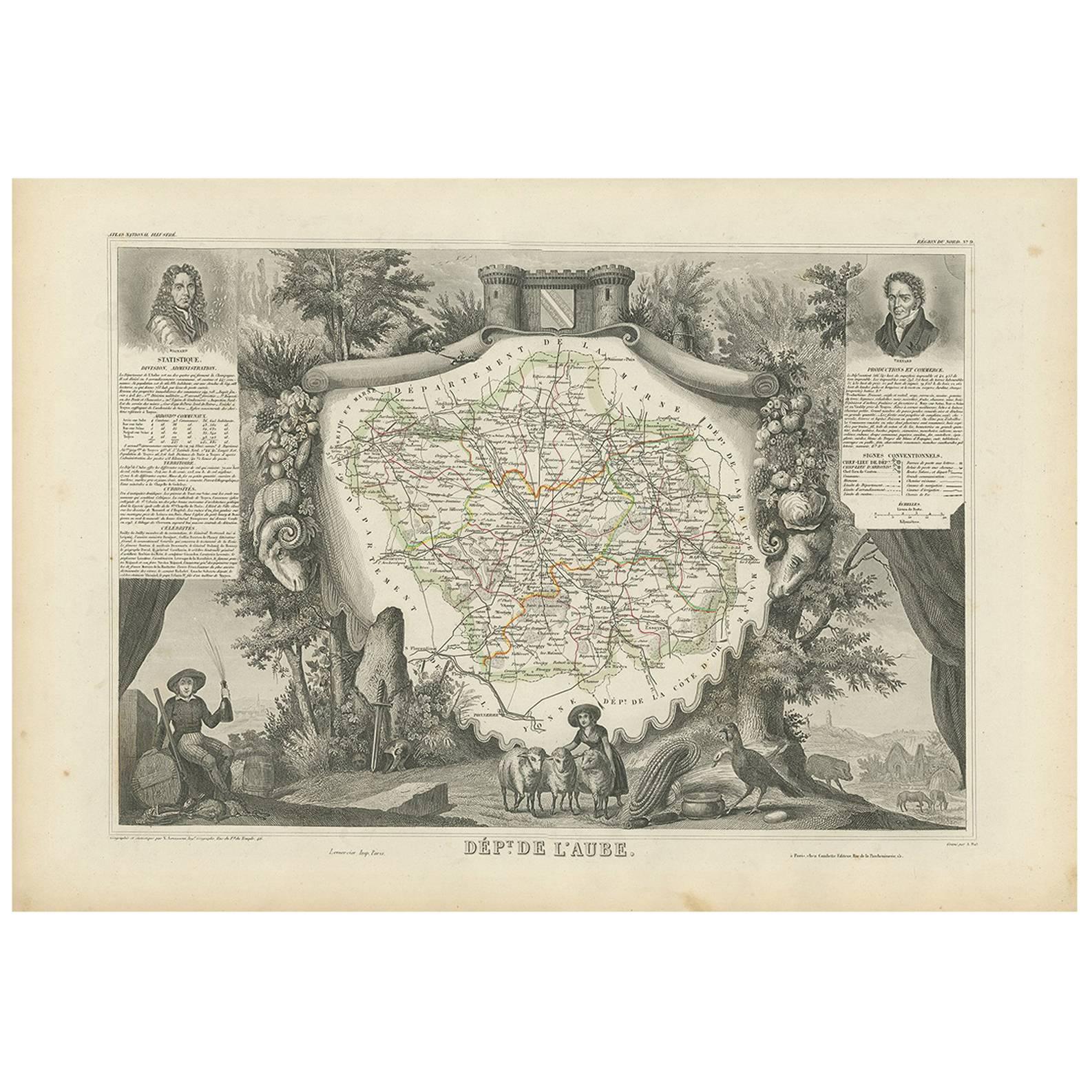 Antique Map of Aube ‘France’ by V. Levasseur, 1854 For Sale