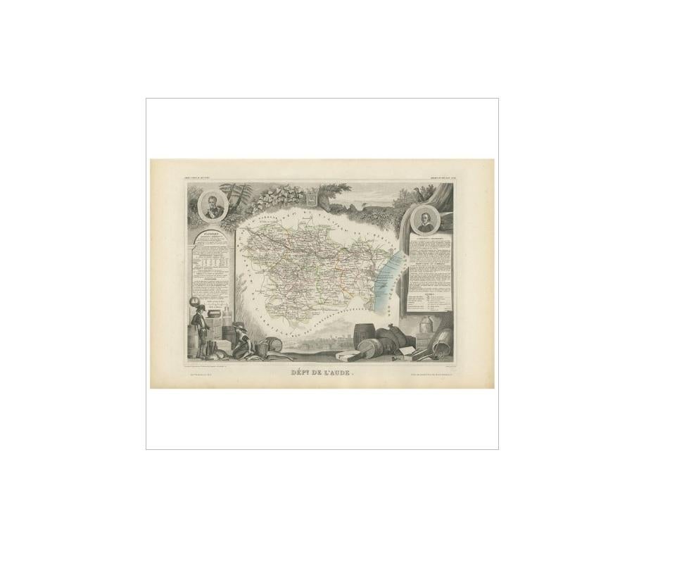 Antique map titled 'Dépt. de 'l'Aude'. Map of the French department of Aude, France. This area of France is famous for its wide variety of vineyards and wine production. In the east are the wines of Corbieres and la Clape, in the center are