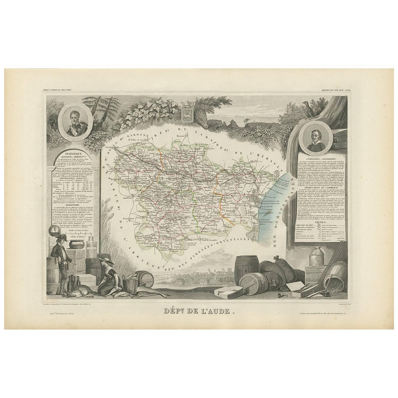 Antique Map of Aude ‘France’ by V. Levasseur, 1854 For Sale