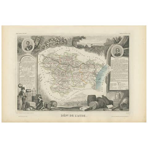 Antique Map of Aude ‘France’ by V. Levasseur, 1854