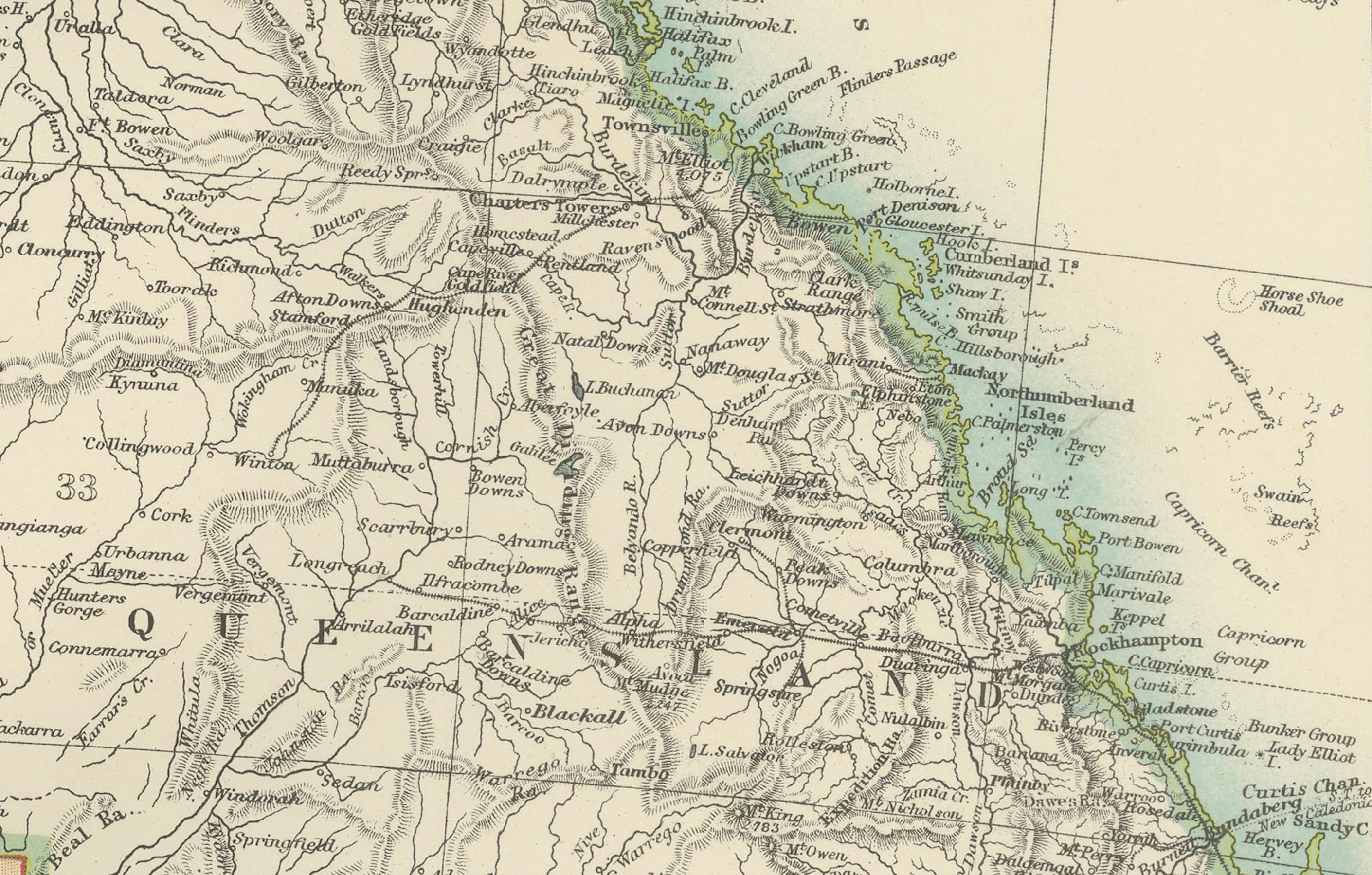 Carte ancienne de l'Australie, 1903, avec les divisions coloniales et la topographie détaillée Bon état - En vente à Langweer, NL