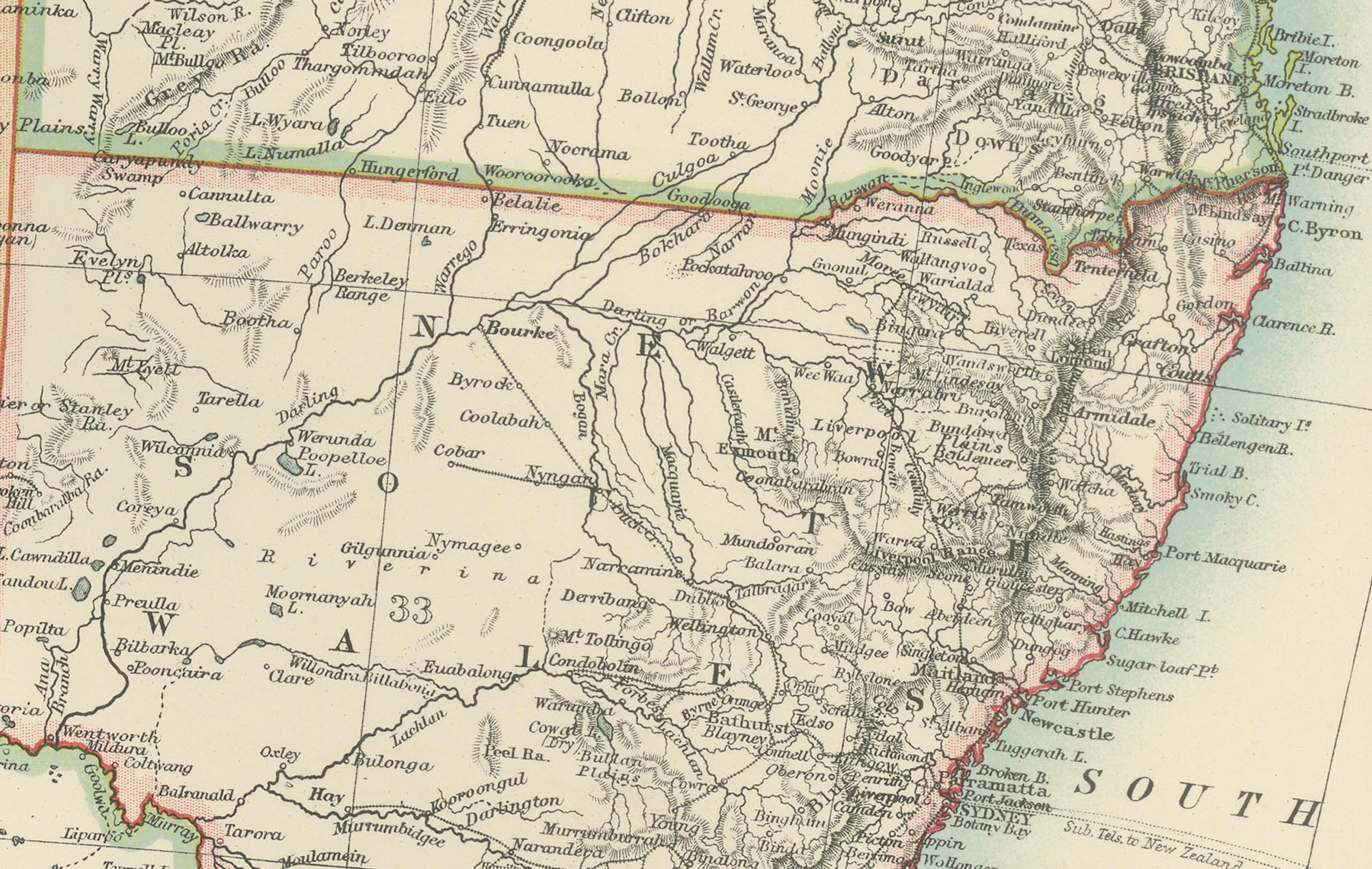 20ième siècle Carte ancienne de l'Australie, 1903, avec les divisions coloniales et la topographie détaillée en vente