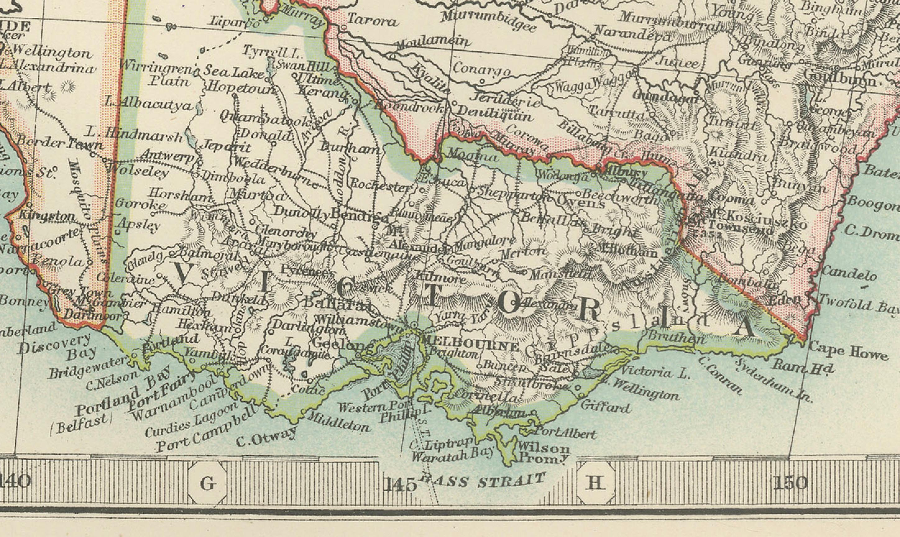 Papier Carte ancienne de l'Australie, 1903, avec les divisions coloniales et la topographie détaillée en vente