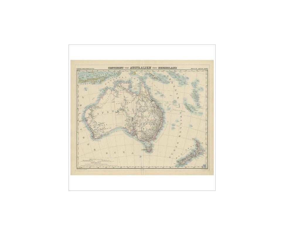 Antique map titled 'Continent von Australian und Neuseeland'. Large and detailed map of Australia and New Zealand. With color key in lower left.
The map is prepared by H. Kiepert and published in Berlin by Dietrich Reimer. Engraved by W. Bembe.
