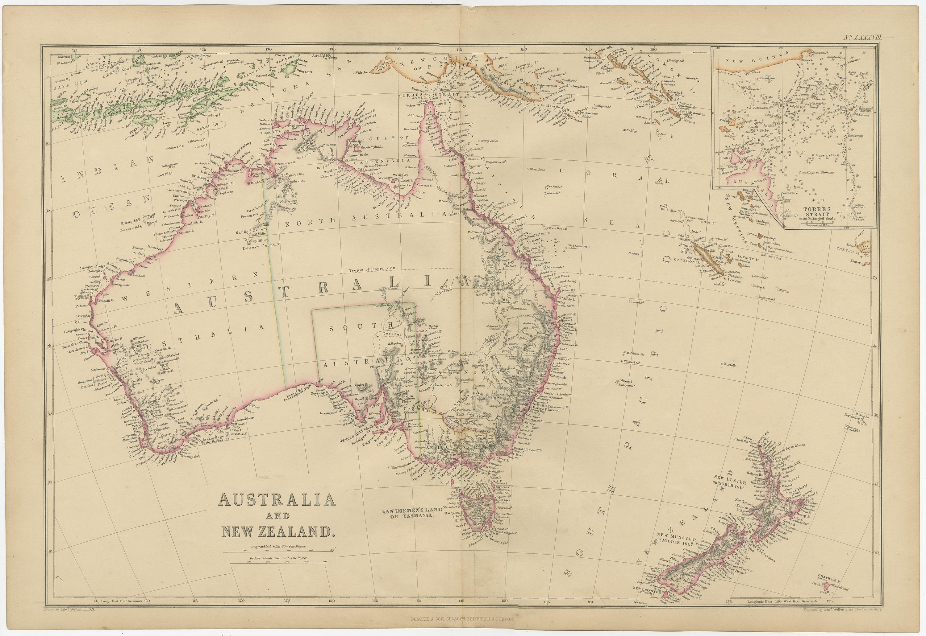 Antique map titled 'Australia and New Zealand'. Original antique map of Australia and New Zealand with inset map of the Torres Strait. This map originates from ‘The Imperial Atlas of Modern Geography’. Published by W. G. Blackie, 1859.