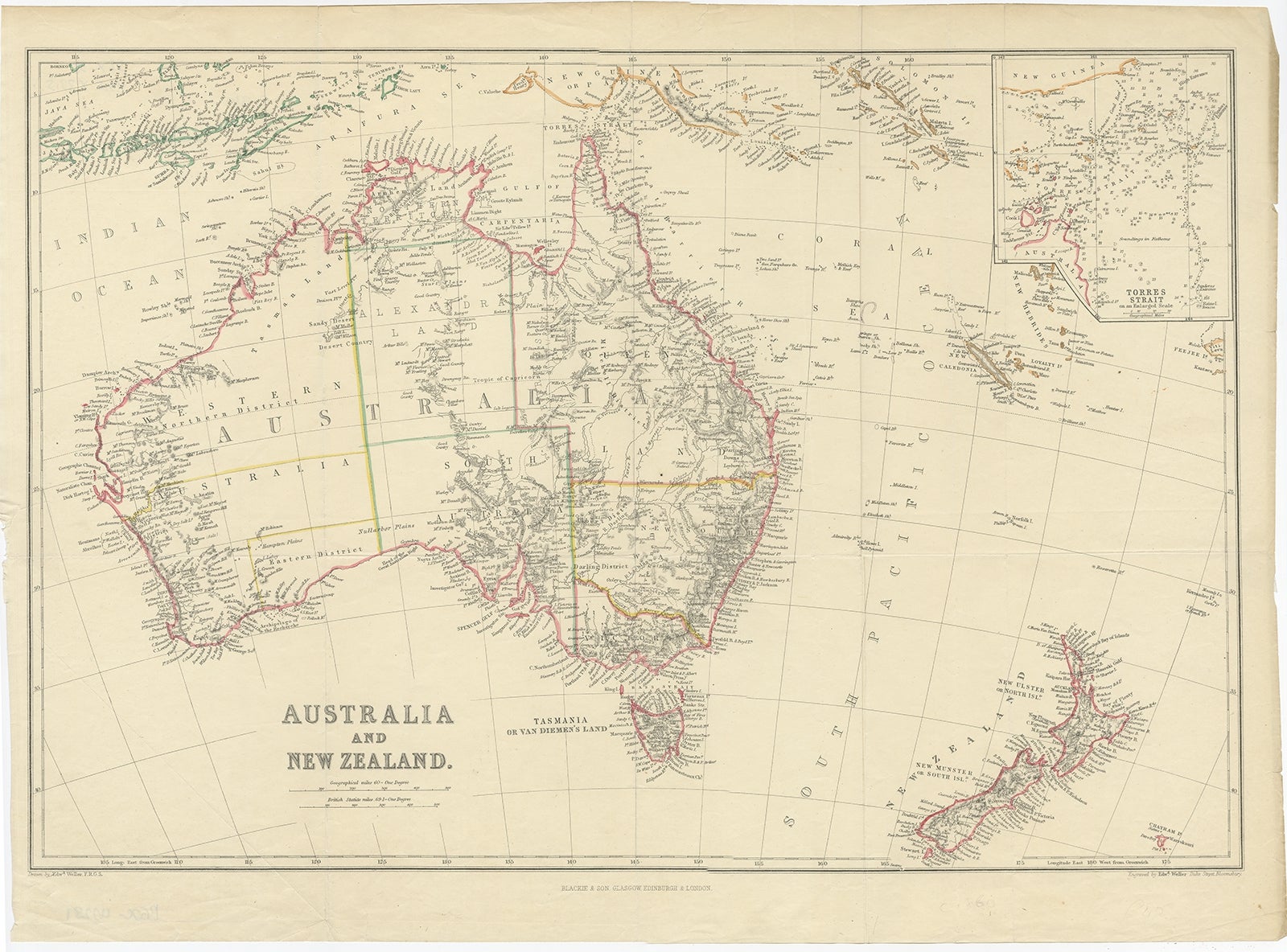 Antique map titled 'Australia and New Zealand'. Unusual edition of this map of Australia and New Zealand, on very thin paper and multiple folding lines. Source unknown, to be determined.

Artists and Engravers: Engraved by E. Weller. Published by