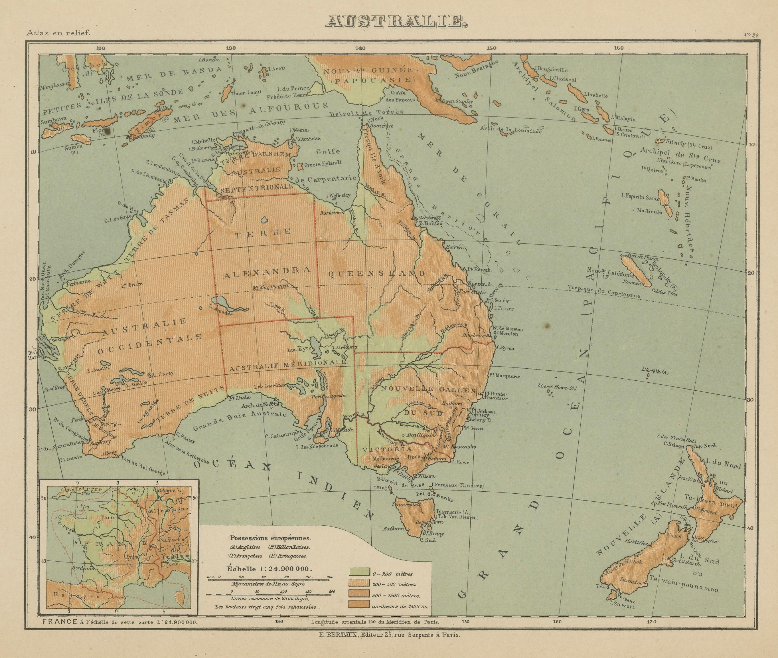 Antique Map of Australia and Oceania – Physical Relief Map by Hachette, c.1883

Description:
This antique map titled “Australie” was published circa 1883 by Hachette in Paris as part of their educational “Atlas en relief.” The map depicts Australia