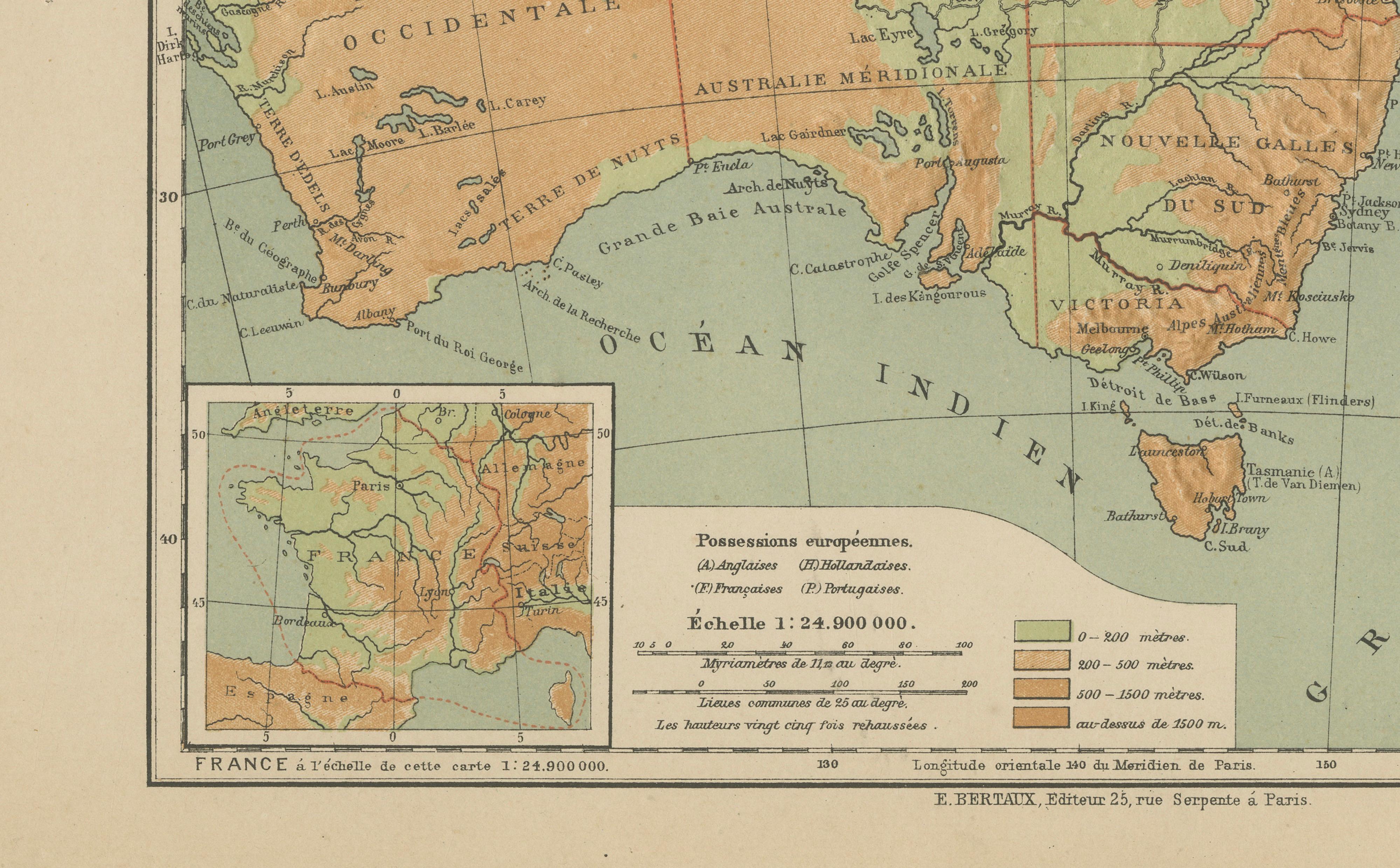 French Antique Map of Australia and Oceania – Physical Relief Map by Hachette, c.1883 For Sale