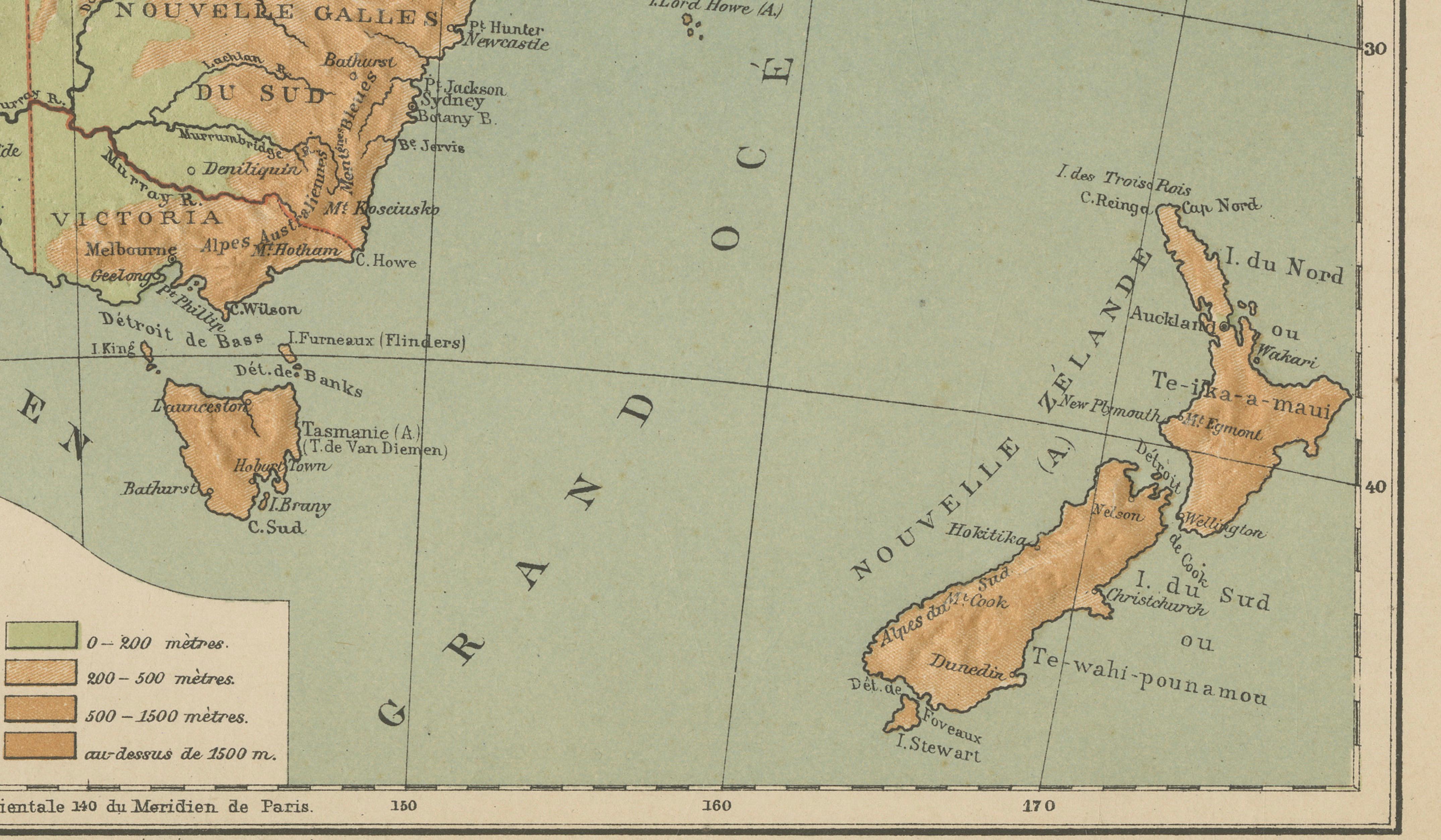 Antique Map of Australia and Oceania – Physical Relief Map by Hachette, c.1883 In Good Condition For Sale In Langweer, NL