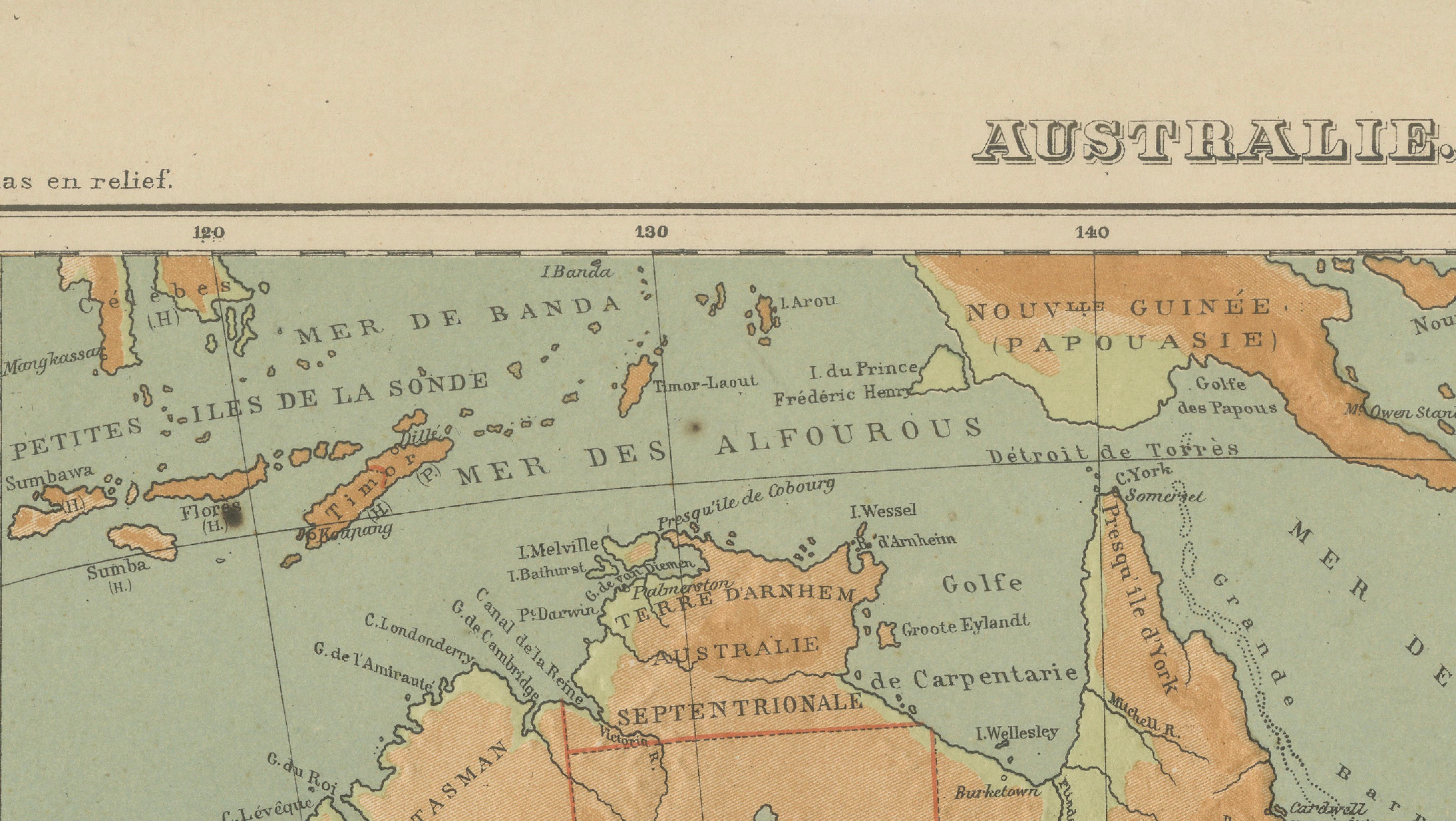 Paper Antique Map of Australia and Oceania – Physical Relief Map by Hachette, c.1883 For Sale