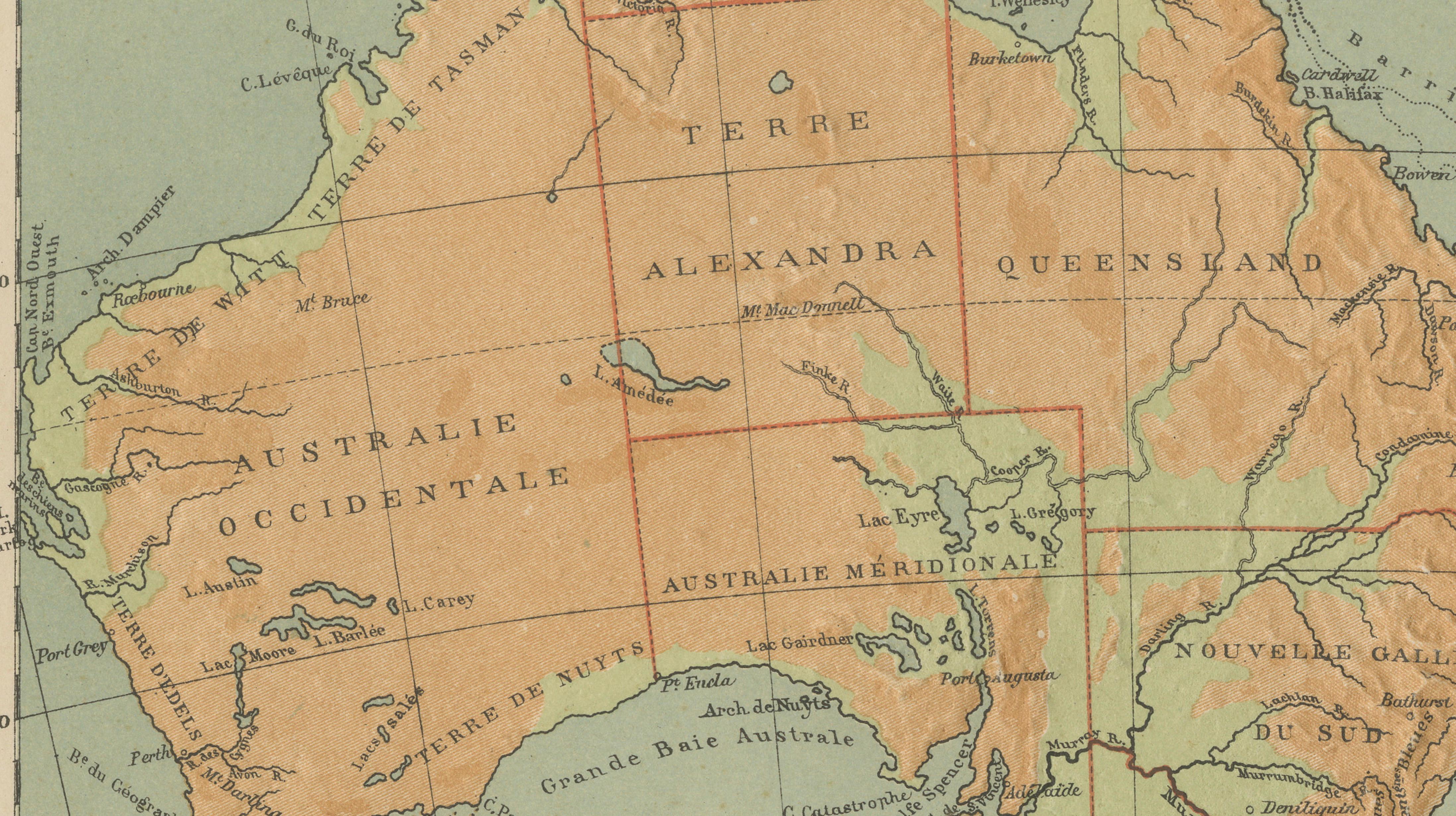 Antique Map of Australia and Oceania – Physical Relief Map by Hachette, c.1883 For Sale 1