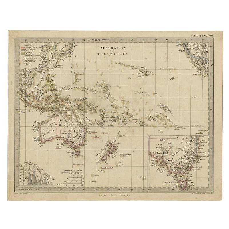 Antique Map of Australia and Polynesia, inset of Tasmania c.1860