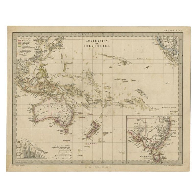 Antique Map of Australia and Polynesia, inset of Tasmania c.1860 For
