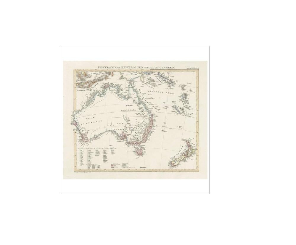 Antique map titled 'Festland von Asutralien und benachbarte Inseln'. Map showing Australia, New Zealand, Southern New-Guinea and surrounding islands. This map originates from Stieler's Hand-Atlas, 1850.