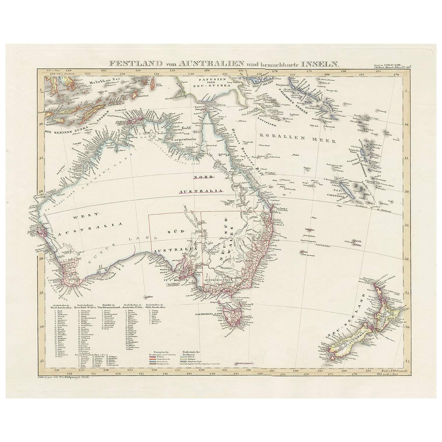 Antique Map of Australia and surrounding Islands by F. von Stülpnagel, 1850 For Sale