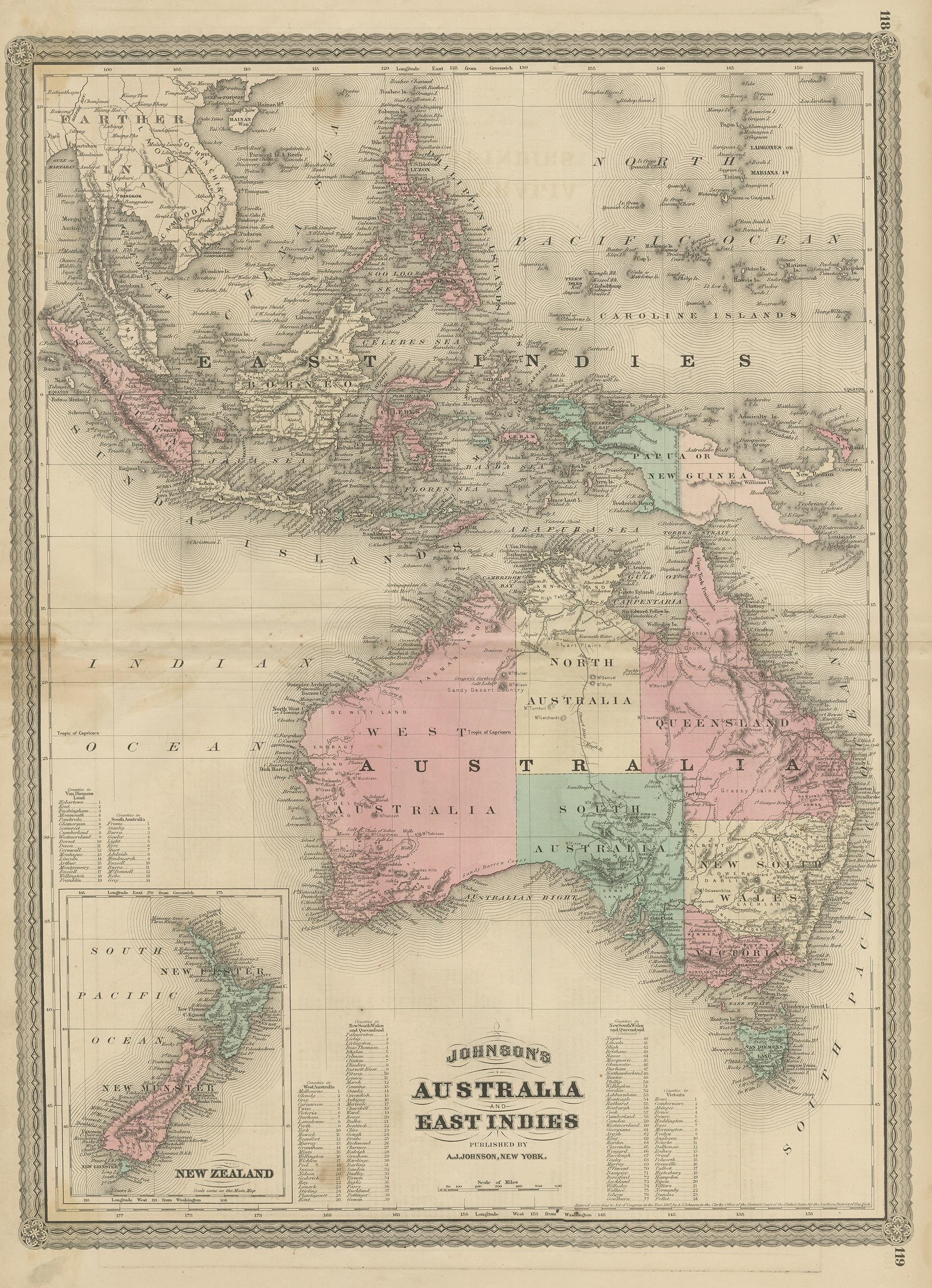 Antique map titled 'Johnson's Australia and East Indies'. Original map of Australia and the East Indies, with an inset map of New Zealand. This map originates from 'Johnson's New Illustrated Family Atlas of the World' by A.J. Johnson. Published 1872.