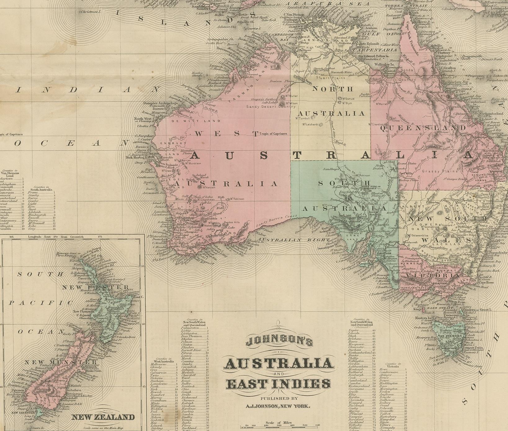 19th Century Antique Map of Australia and the East Indies by Johnson, '1872'