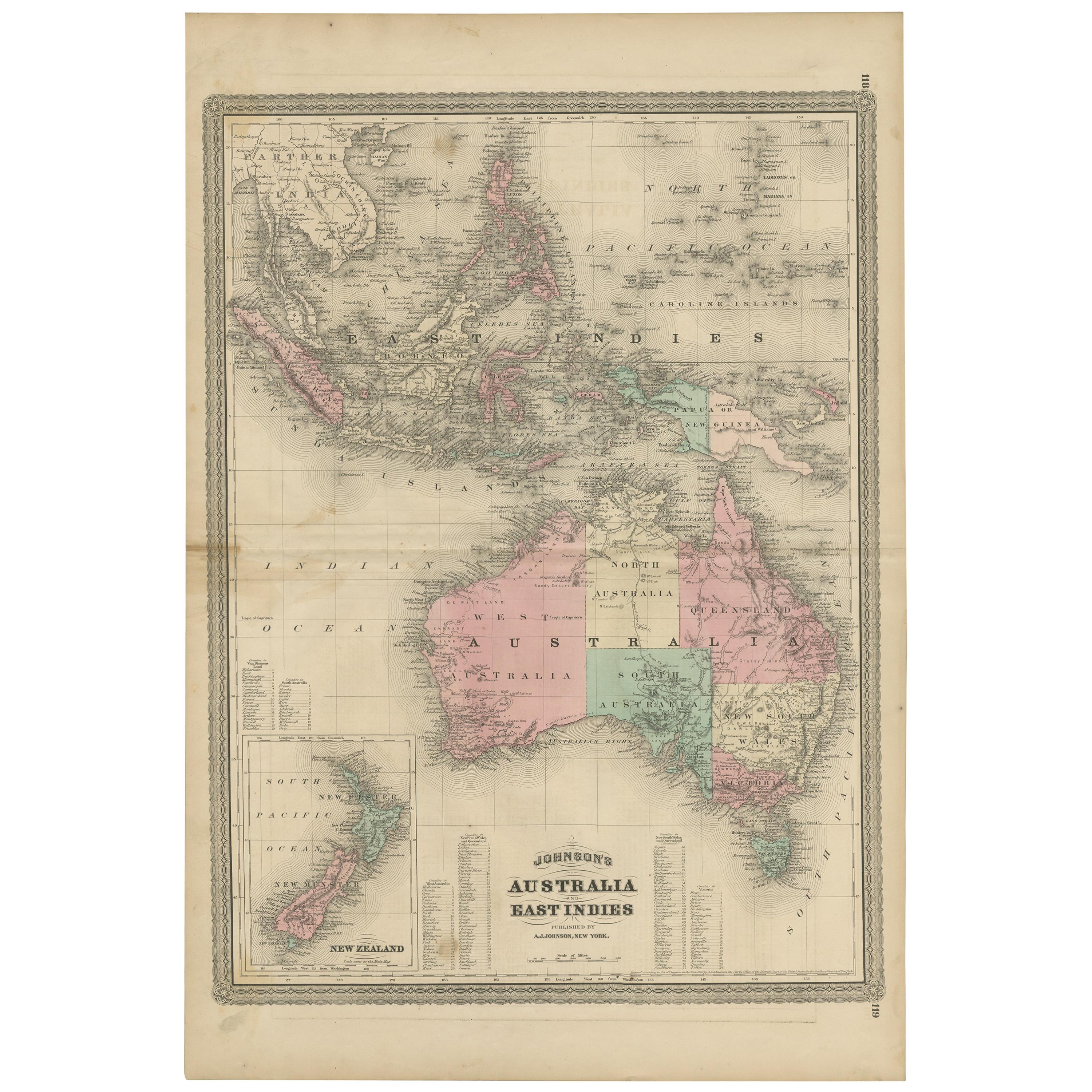 Antique Map of Australia and the East Indies by Johnson, '1872'