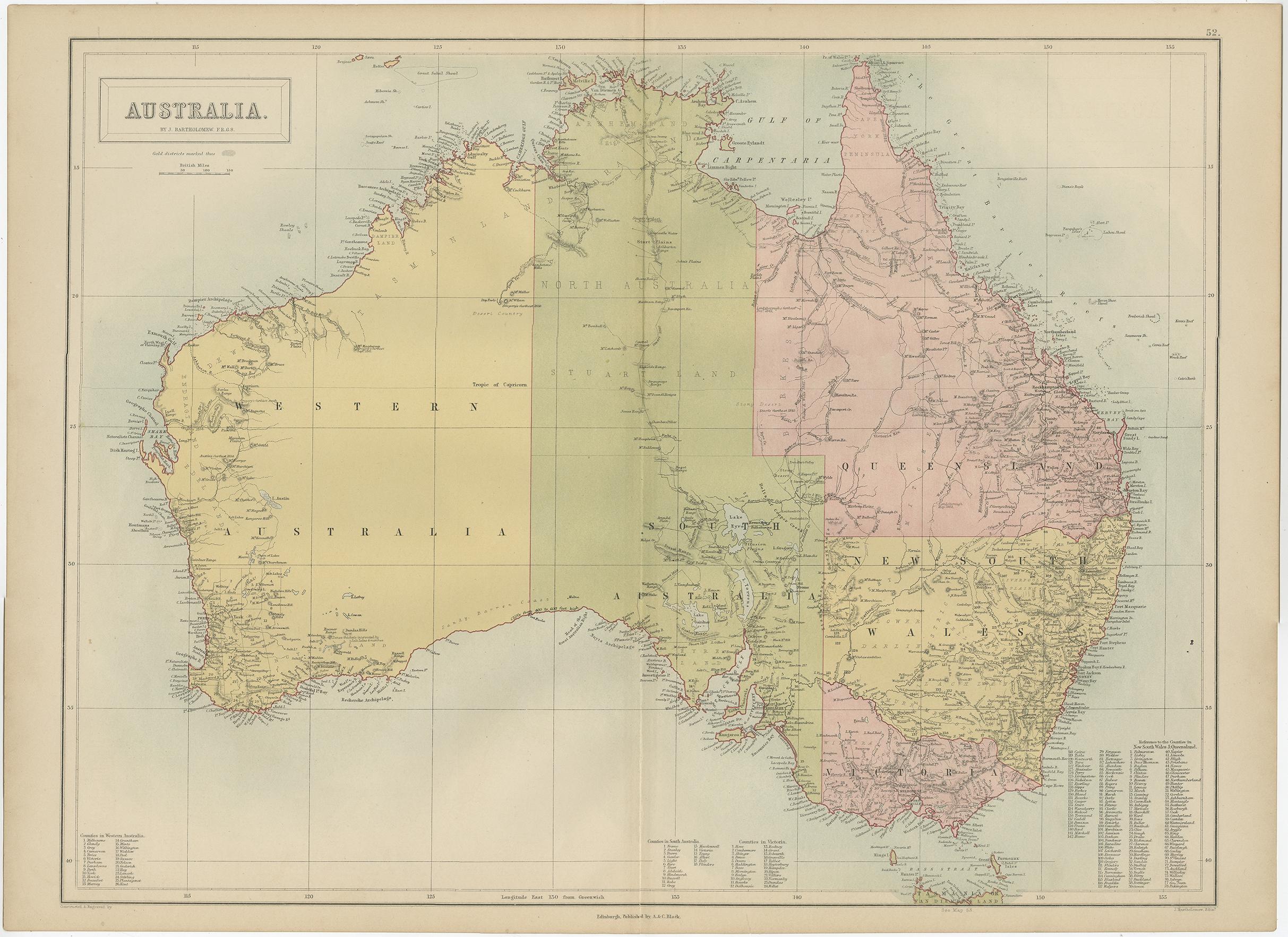 Antique map titled 'Australia'. Original antique map of Map of Australia. This map originates from ‘Black's General Atlas of The World’. Published by A & C. Black, 1870.