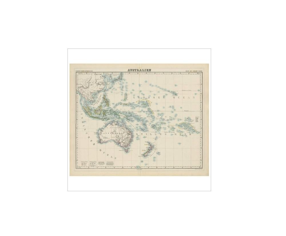 Antique map titled 'Australien'. Large and detailed map of Australia and New Zealand. With color key in lower left. The map is prepared by H. Kiepert and published in Berlin by Dietrich Reimer. Engraved by E. Reyher.