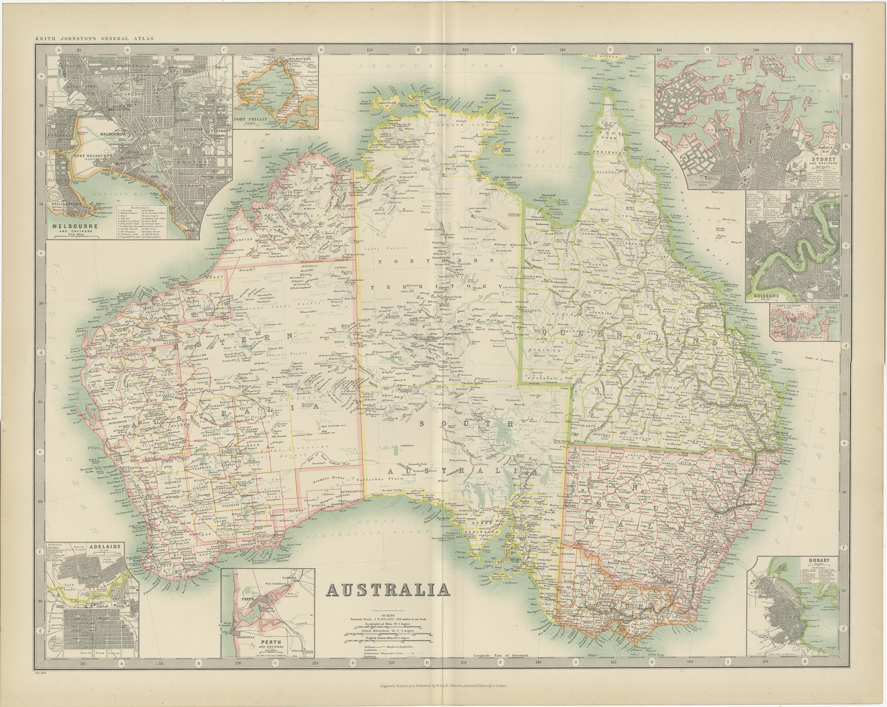 Antique map titled 'Australia'. Original antique map of Australia. With inset maps of Melbourne, Port Phillip, Adelaide, Perth, Sydney, Brisbane, Port Jackson and Hobart . This map originates from the ‘Royal Atlas of Modern Geography’. Published by