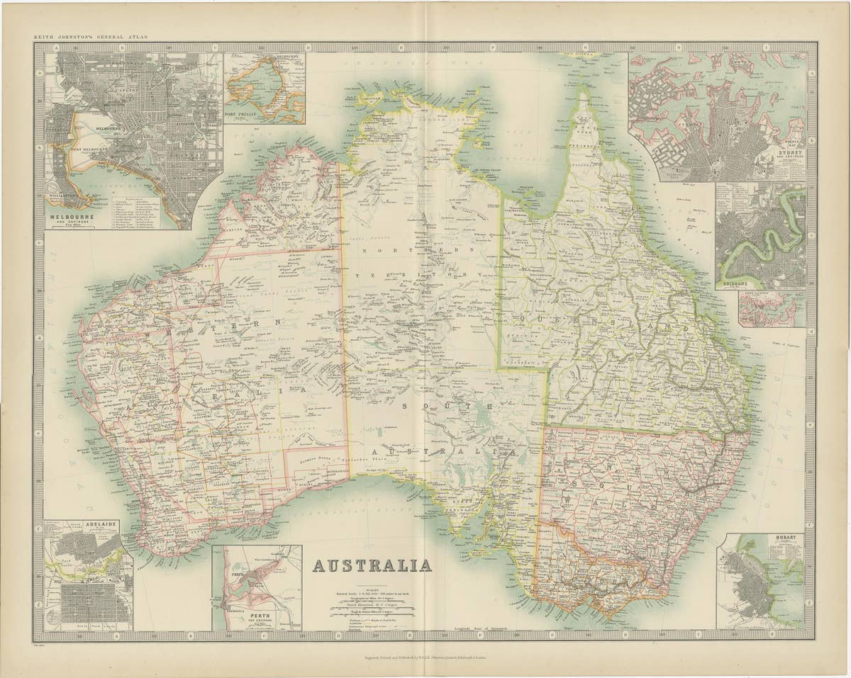 1909 Antique Map of Australia by W. & A.K. Johnston with Inset Maps
