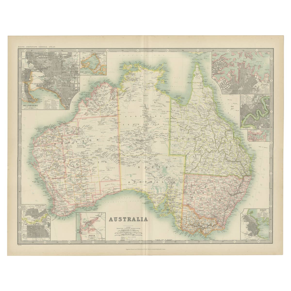 1909 Antique Map of Australia by W. & A.K. Johnston with Inset Maps