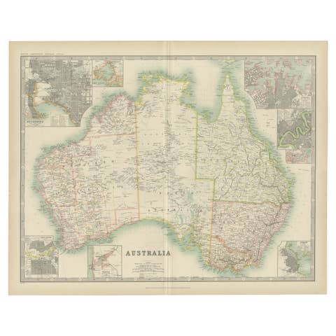 1909 Antique Map of Australia by W. & A.K. Johnston with Inset Maps