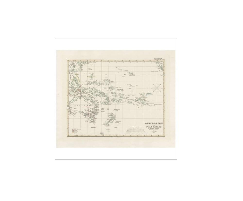 Antique map titled 'Australien und Polynesien in Mercators Projection'. A map of Australia, New Zealand and Oceania. This includes Fiji, Tahiti and several other island groups in the Pacific. On the right edge California is (just) visible. Sheet 50a