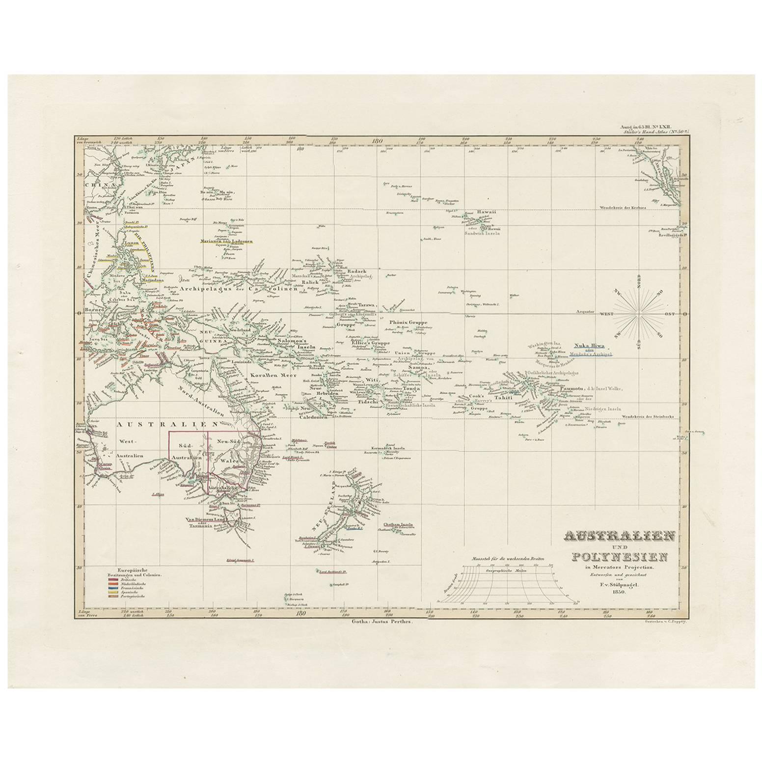 Carta geografica antica dell'Australia, della Nuova Zelanda e dell'Oceania di F. von Stülpnagel, 1850 in vendita
