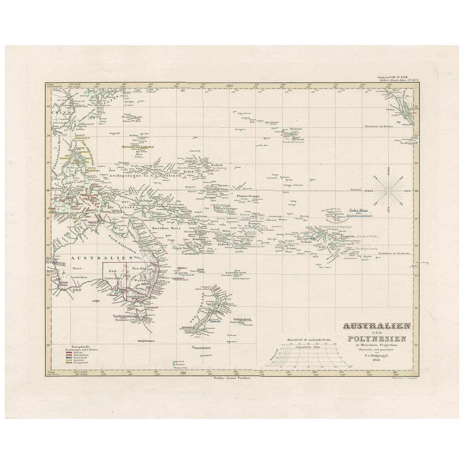 Antique Map of Australia, New Zealand and Oceania by F. von Stülpnagel, 1850 For Sale