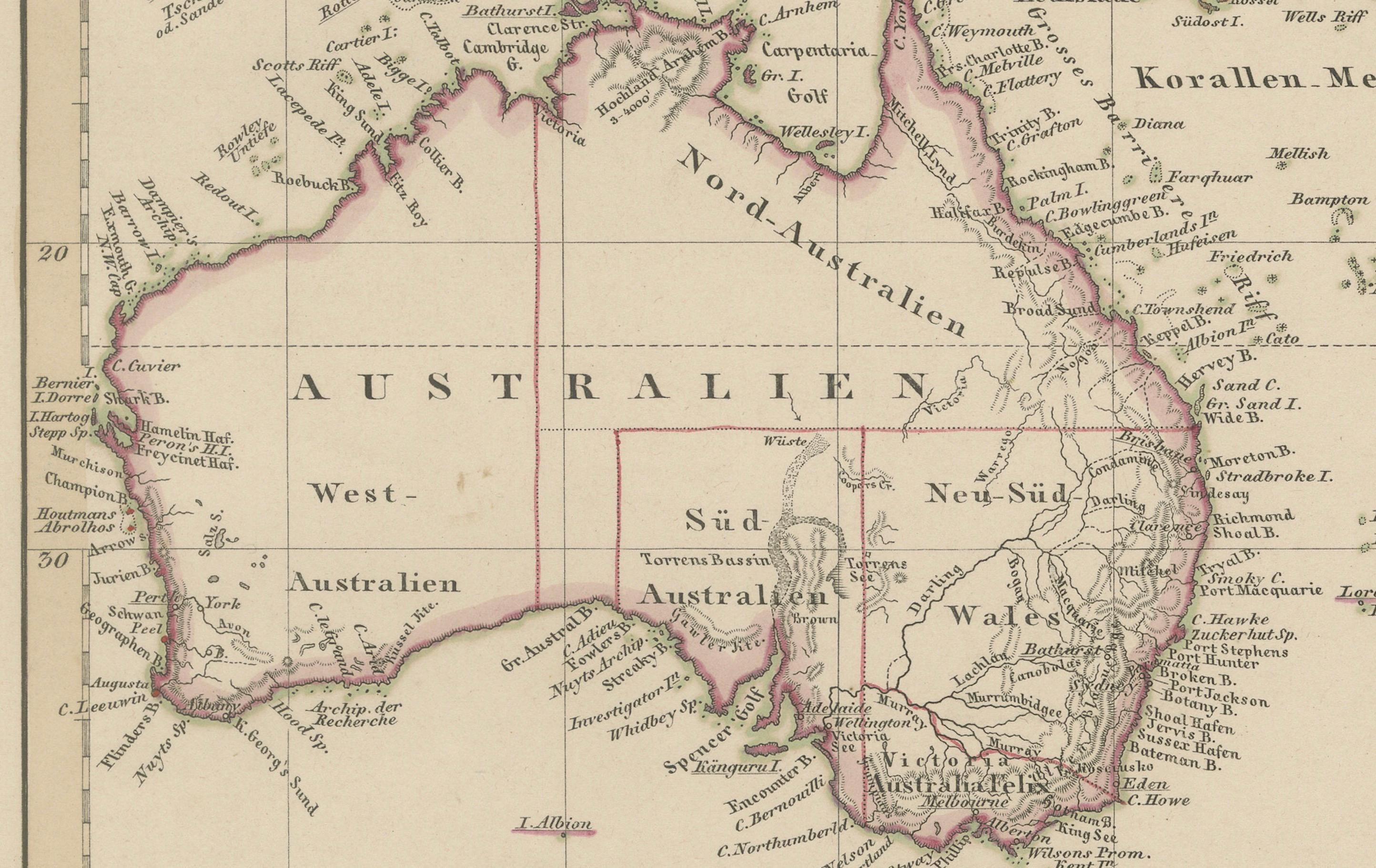 Mapa antiguo de Australia, Nueva Zelanda y Polinesia - Stülpnagel, 1857 Alemán en venta