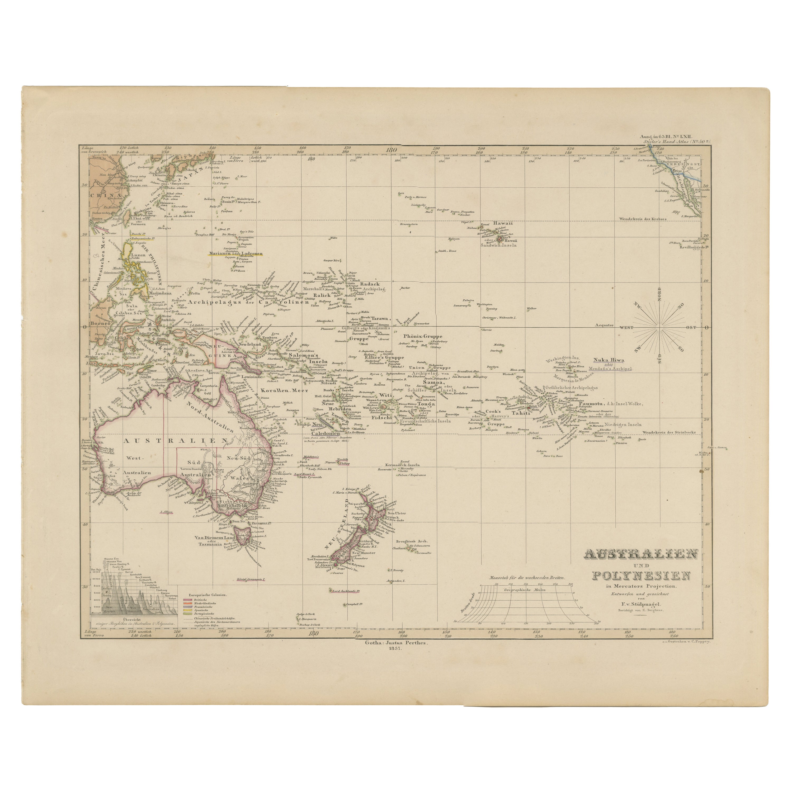 Mapa antiguo de Australia, Nueva Zelanda y Polinesia - Stülpnagel, 1857 en venta