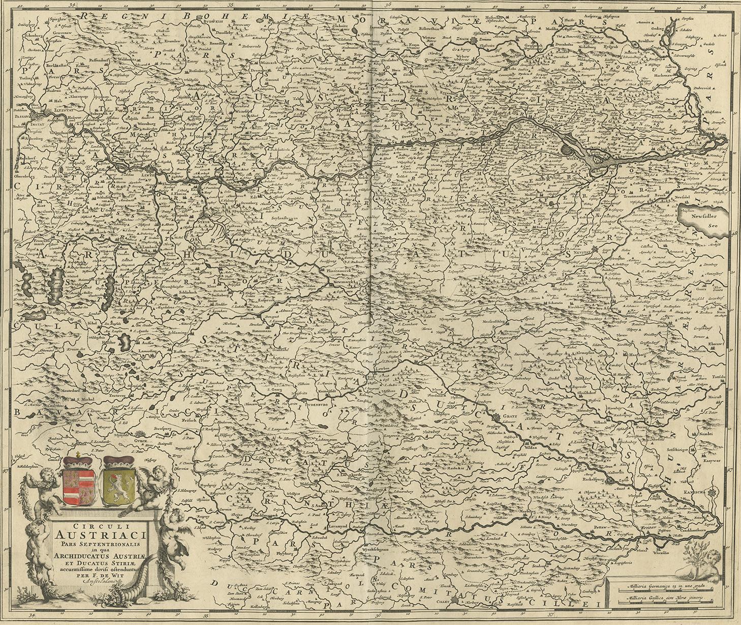 Antique map titled 'Circuli Austriaci pars Septentrionalis in qua Archiducatus'. Decorative and detailed map of Austria by F. de Wit.