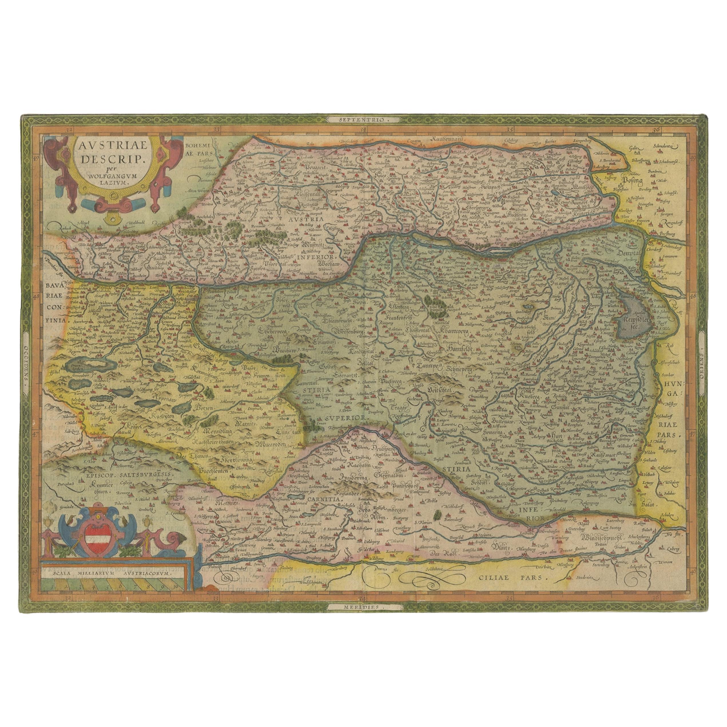 Antique map titled 'Austriae Descrip. per Wolfgangum Lazium' Original antique map of Austria. Published by A. Ortelius, circa 1612.

Artists and Engravers: Abraham Ortelius is perhaps the best known and most frequently collected of all