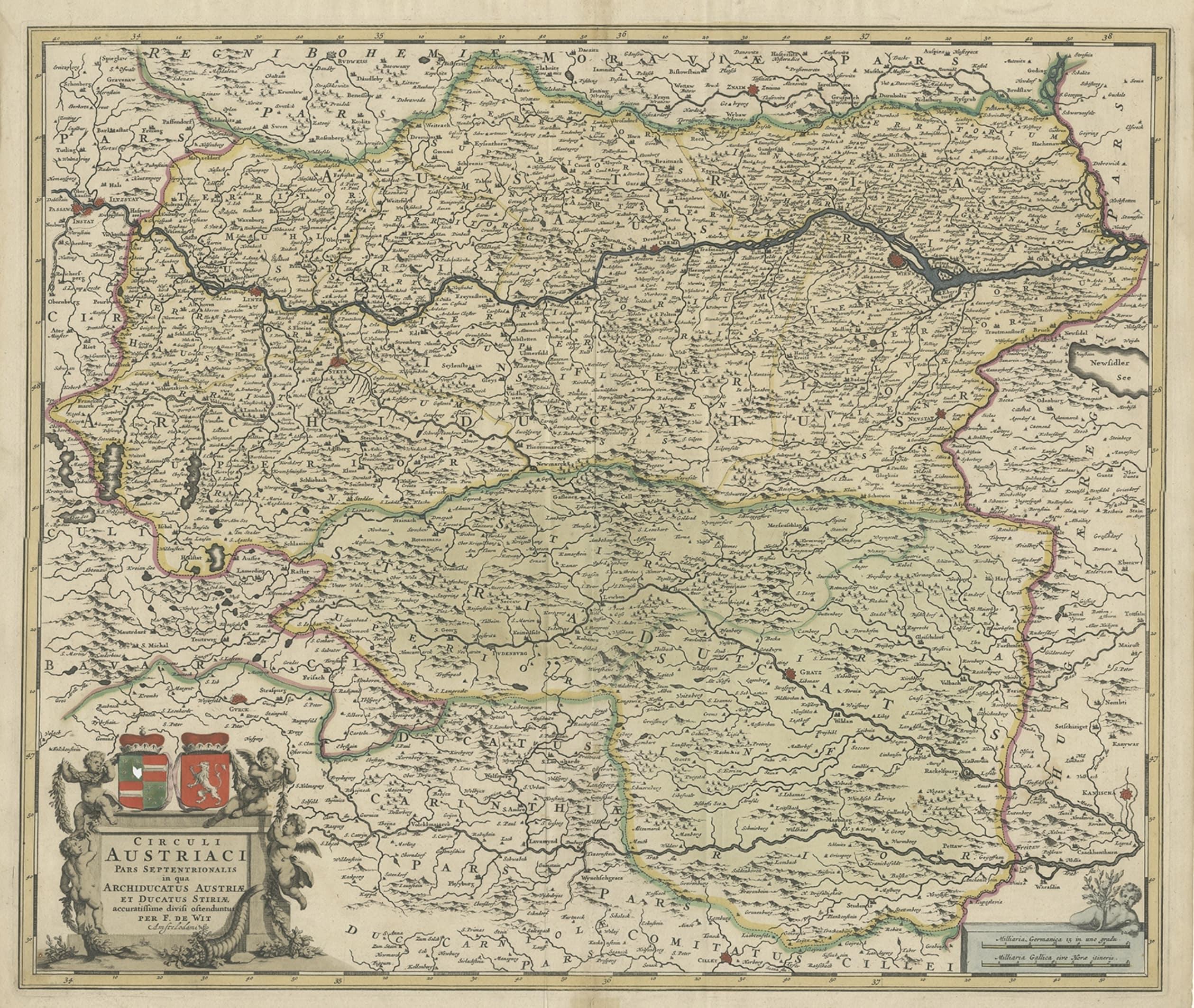 Antique map of Austria titled 'Circuli Austriaci pars septentrionalis in quia archiducatus Austriae et Ducatus Stiriae accuratissime divisi ostenduntur per F. de Wit'. 

Detailed map of Austria, centered on the course of the Danube from Passau to