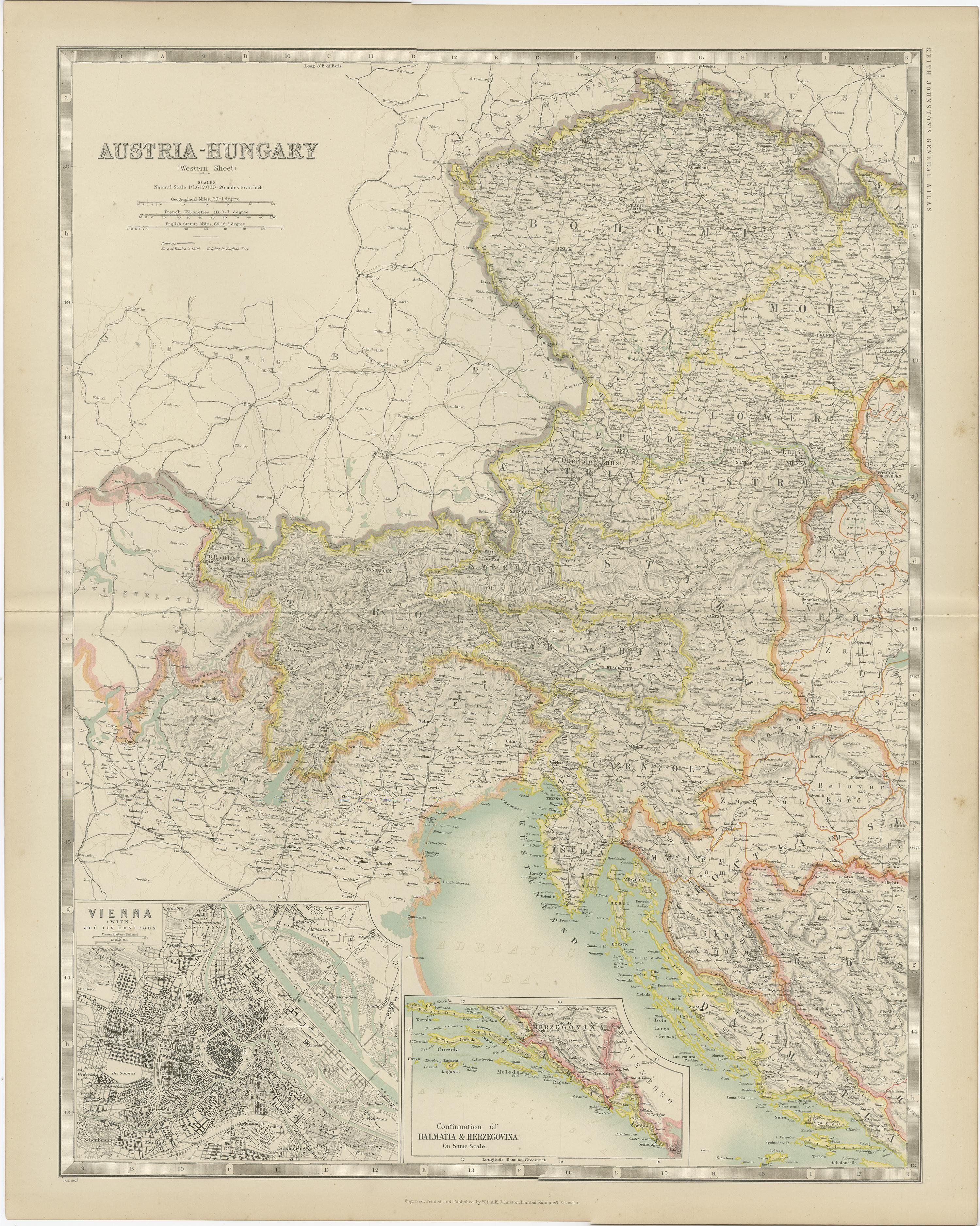Antique map titled 'Austria- Hungary'. Original antique map of Austria- Hungary. With inset maps of Vienna, Dalmatia and Herzegovina. This map originates from the ‘Royal Atlas of Modern Geography’. Published by W. & A.K. Johnston, 1909.