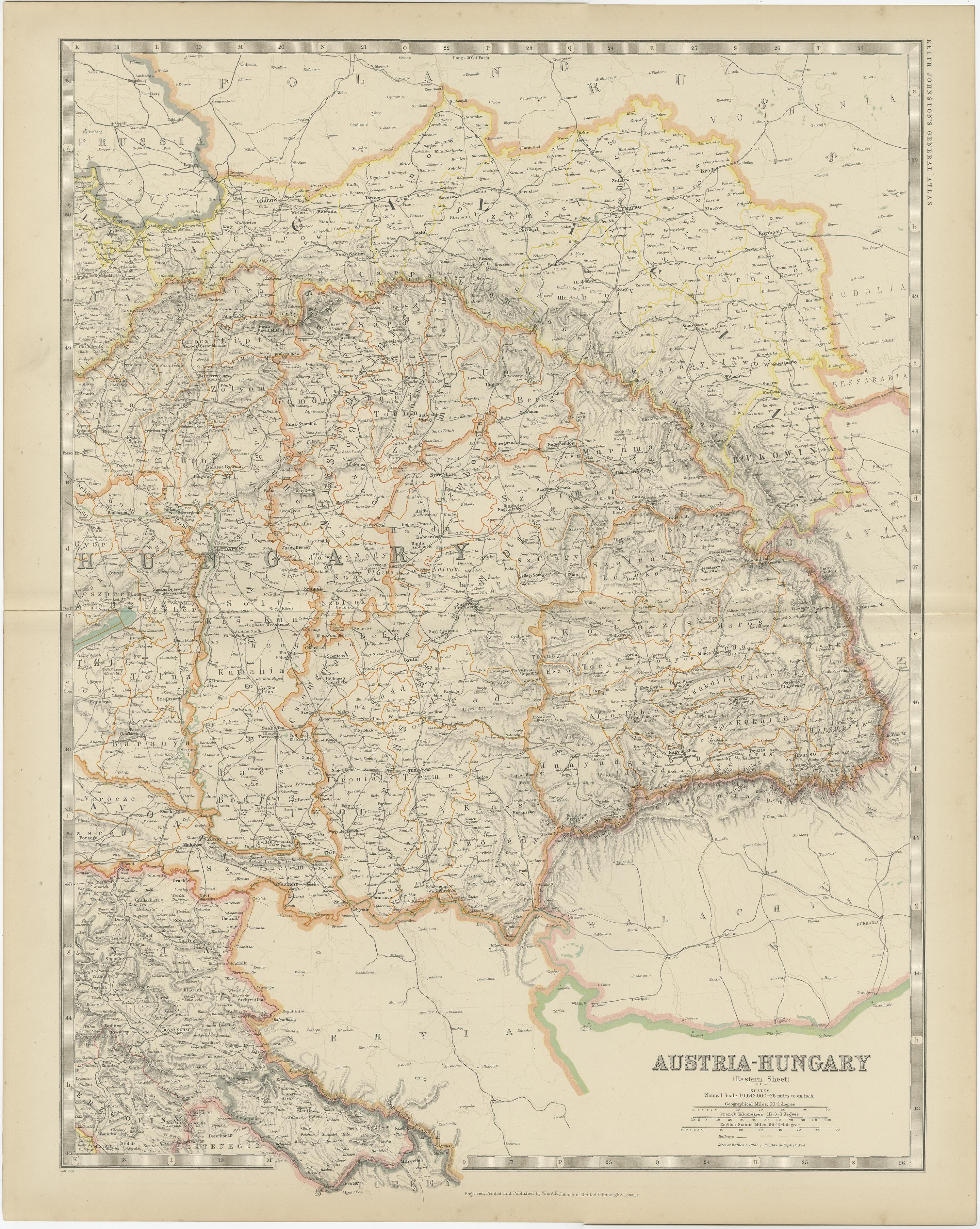 Antique map titled 'Austria- Hungary'. Original antique map of Austria- Hungary. This map originates from the ‘Royal Atlas of Modern Geography’. Published by W. & A.K. Johnston, 1909.