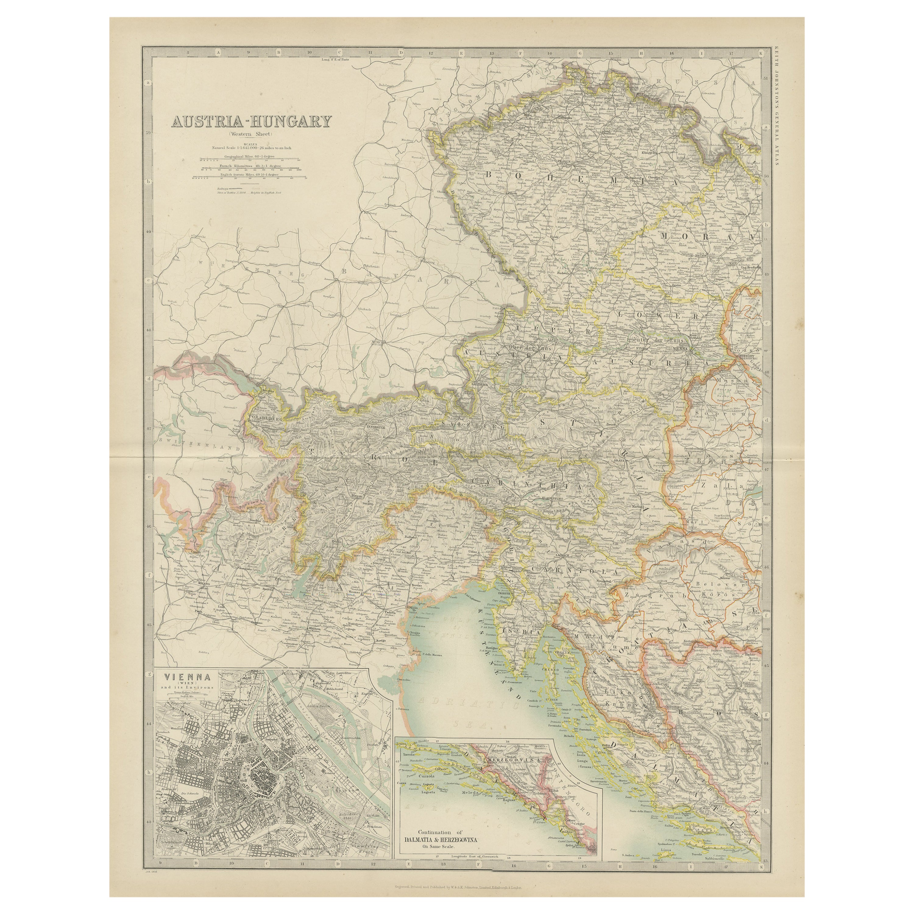 Carte ancienne d'Autriche-Hongrie par Johnston '1909'