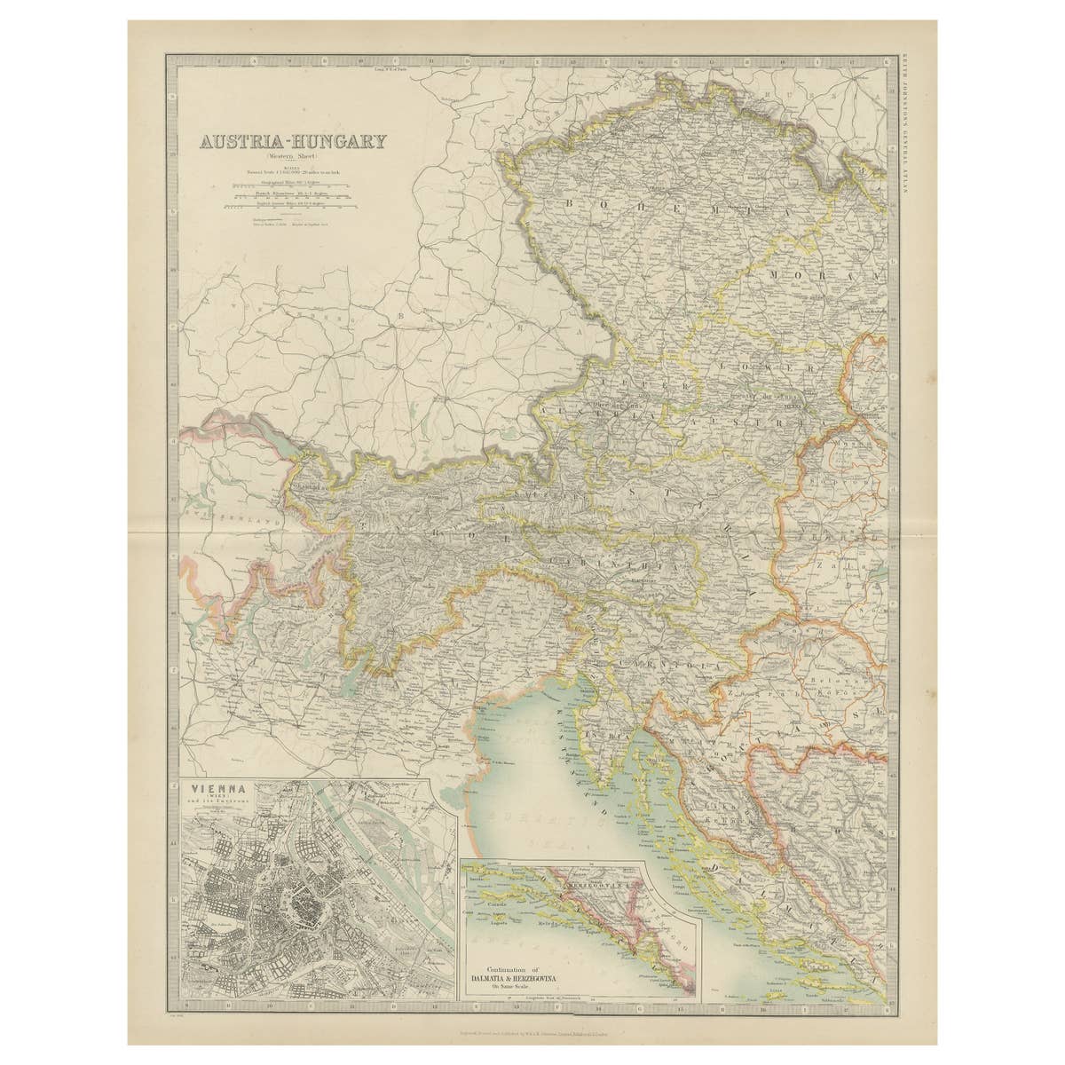 Antique Map of Austria- Hungary by Johnston '1909'