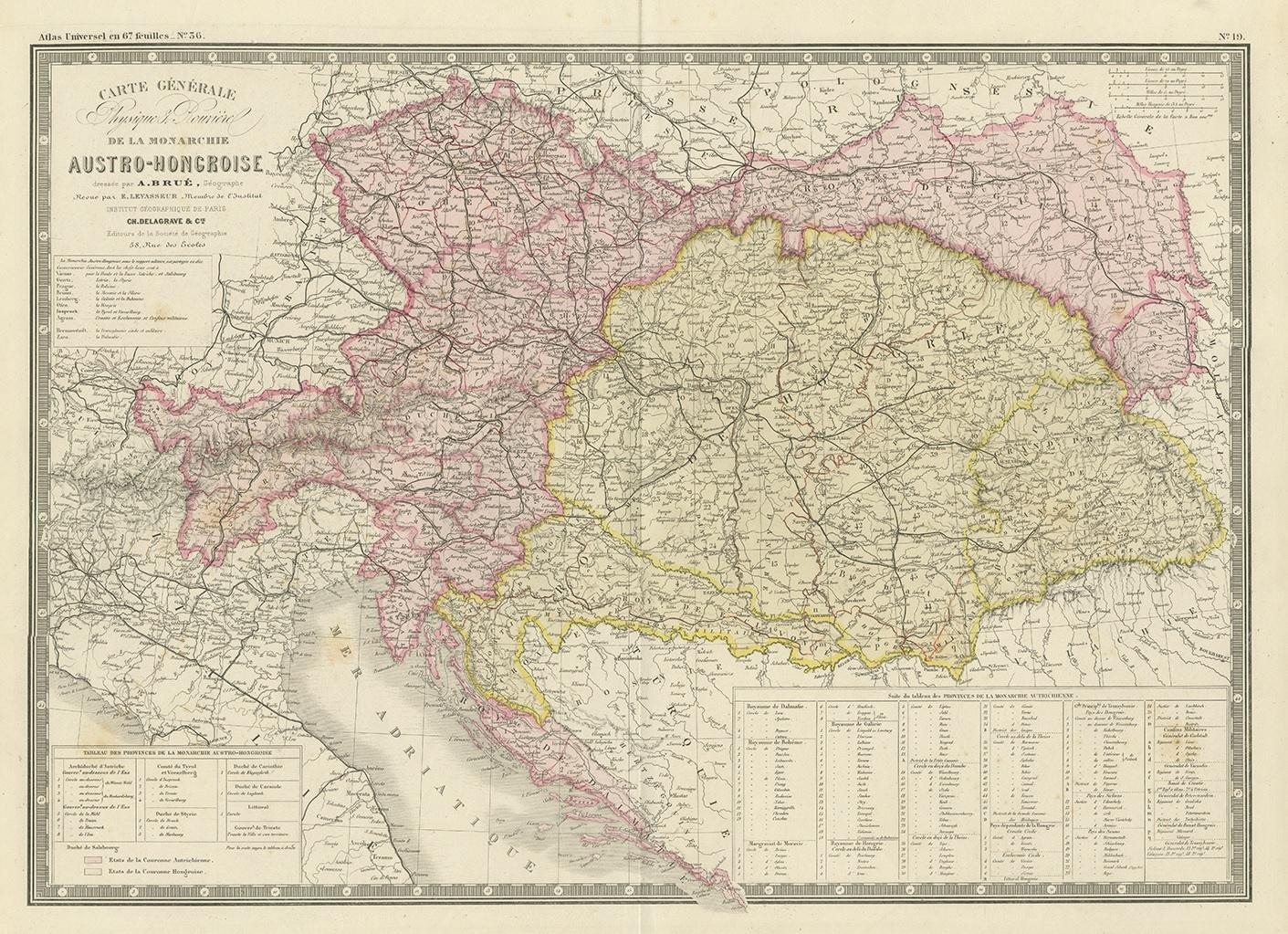 Antique map titled 'Carte générale de la Monarchie Austro-Hongroise (..)'. Large map of Austria-Hungary. This map originates from 'Atlas de Géographie Moderne Physique et Politique' by A. Levasseur. Published 1875.