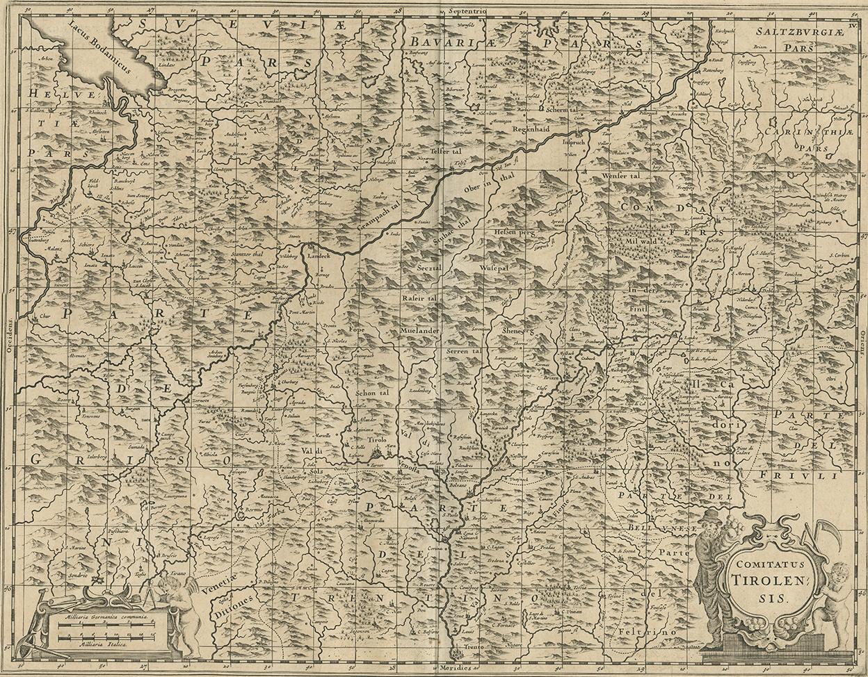 Antique Map of Austria 'Tirol' with Parts of Italy by J. Janssonius, 1649 1