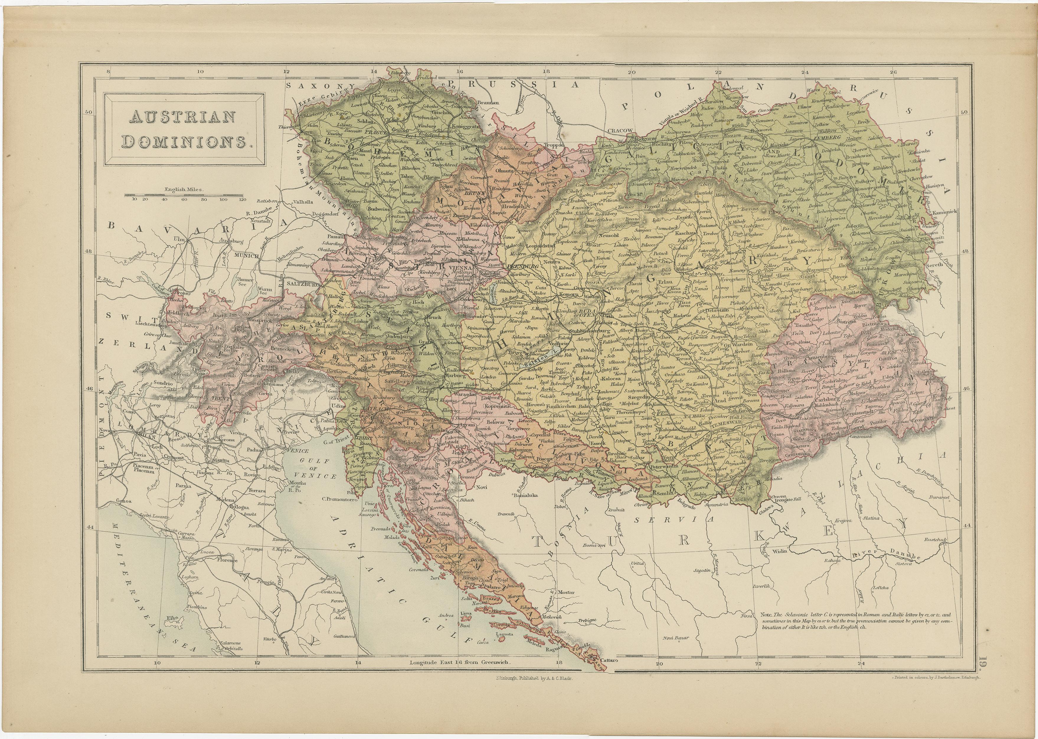 Paper Antique Map of Austrian Dominions by A & C. Black, 1870 For Sale